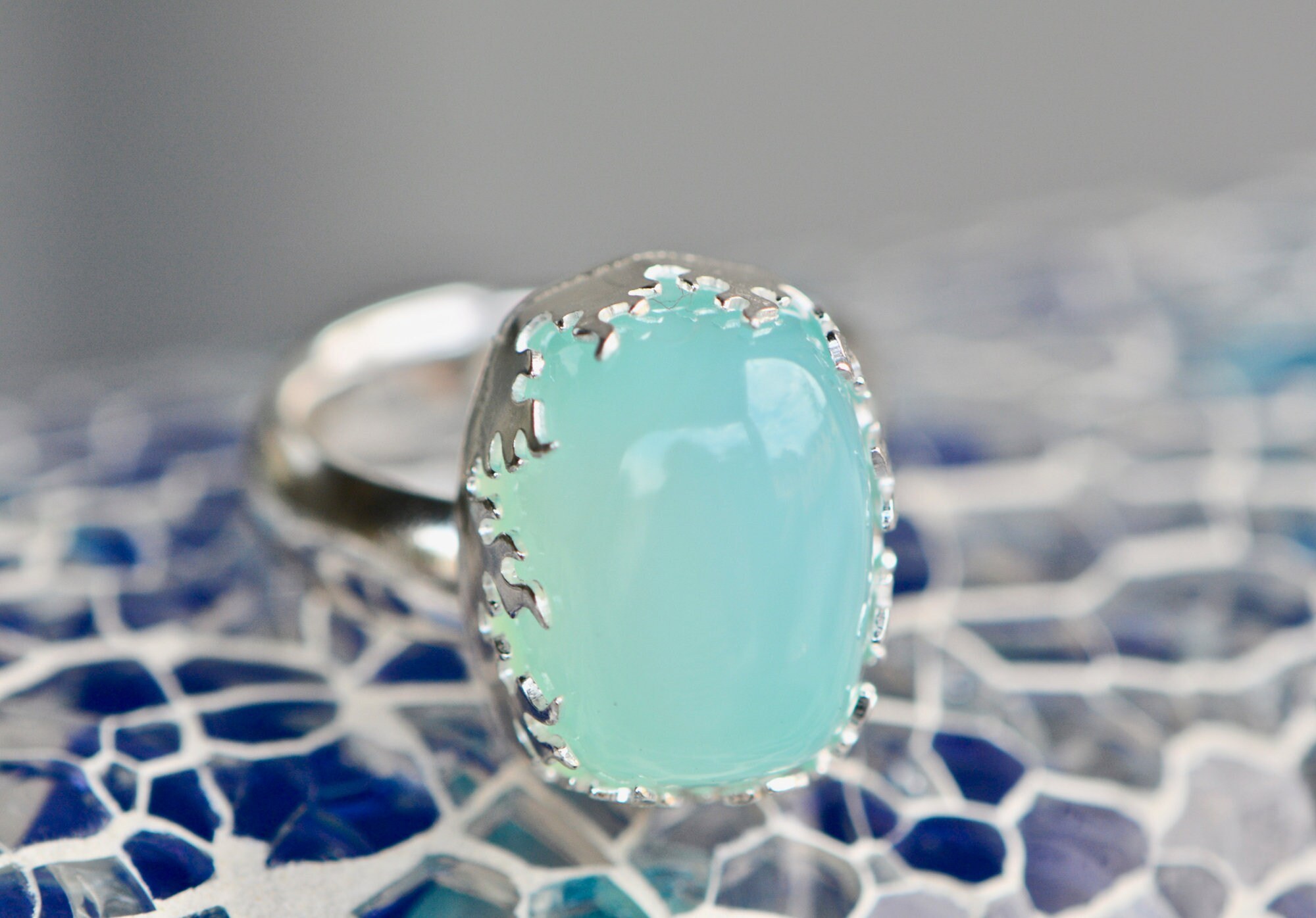 Aqua Chalcedony Ring, Size 8, Sterling Silver Jewelry, Blue Gemstone Ring, Statement Ring, Large Rings for Women, March Birthstone Ring, detail view
