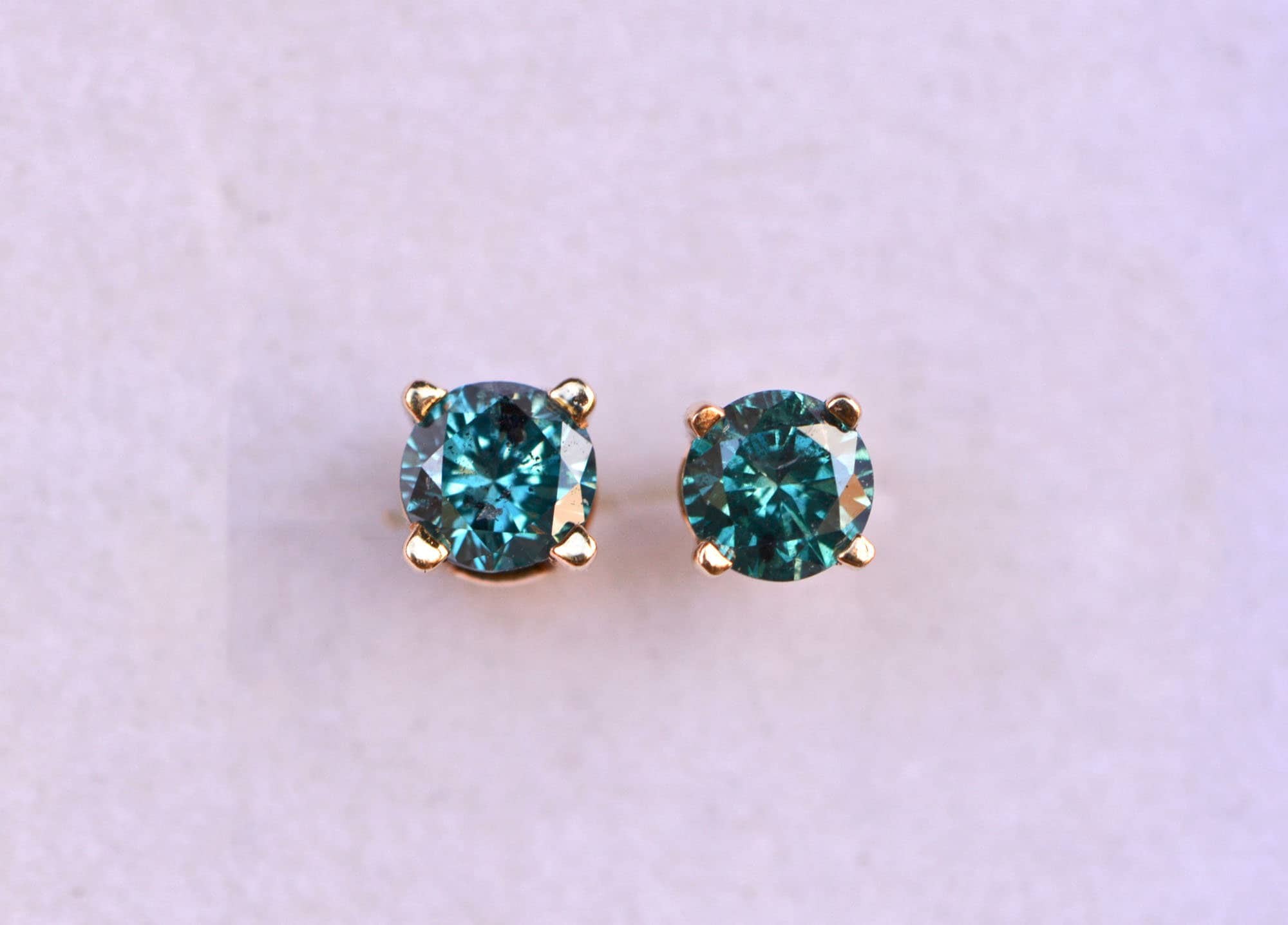 Blue Diamond Stud Earrings 14kt Yellow Gold, April Birthstone, detail view