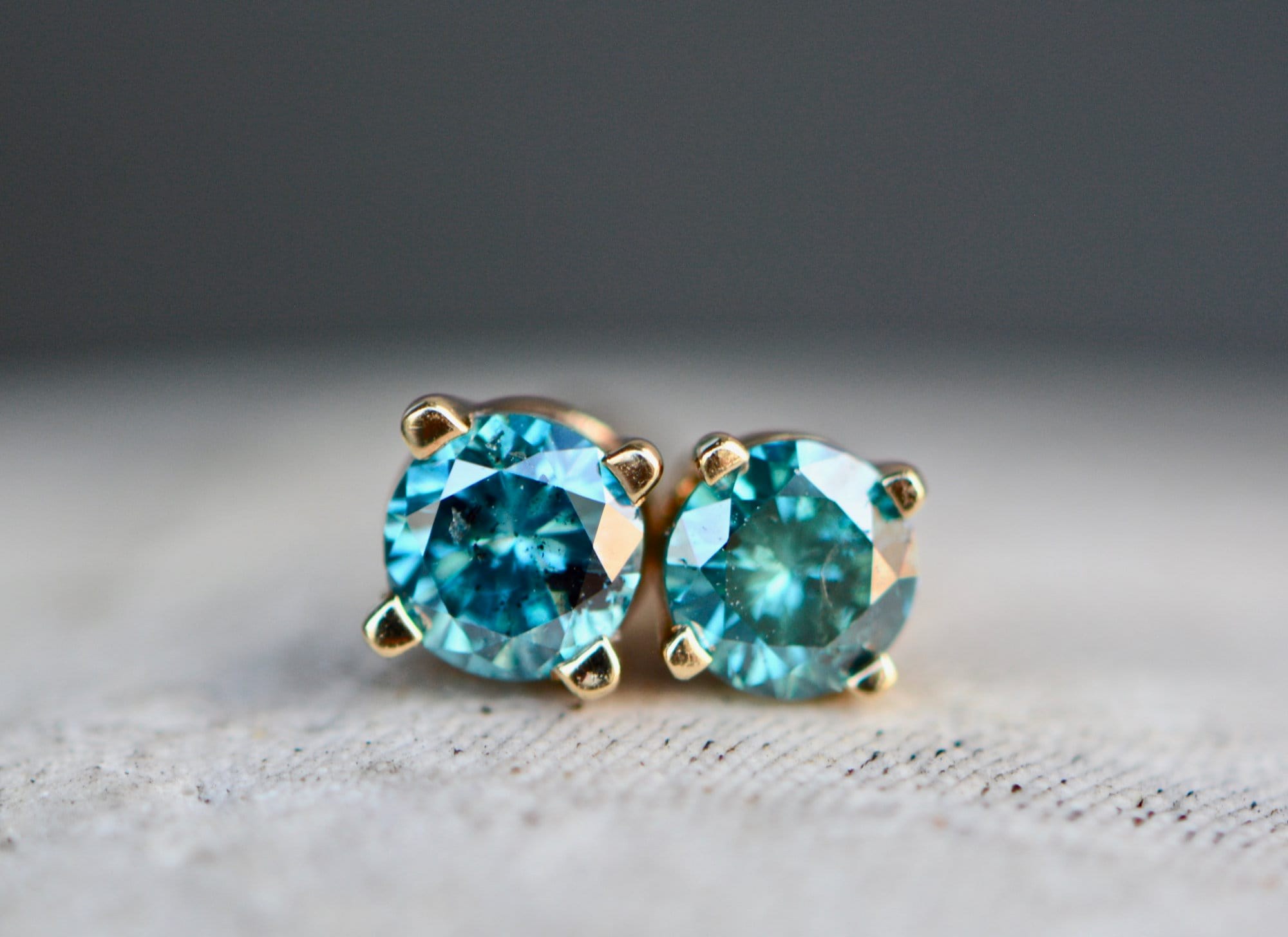 Blue Diamond Stud Earrings 14kt Yellow Gold, April Birthstone