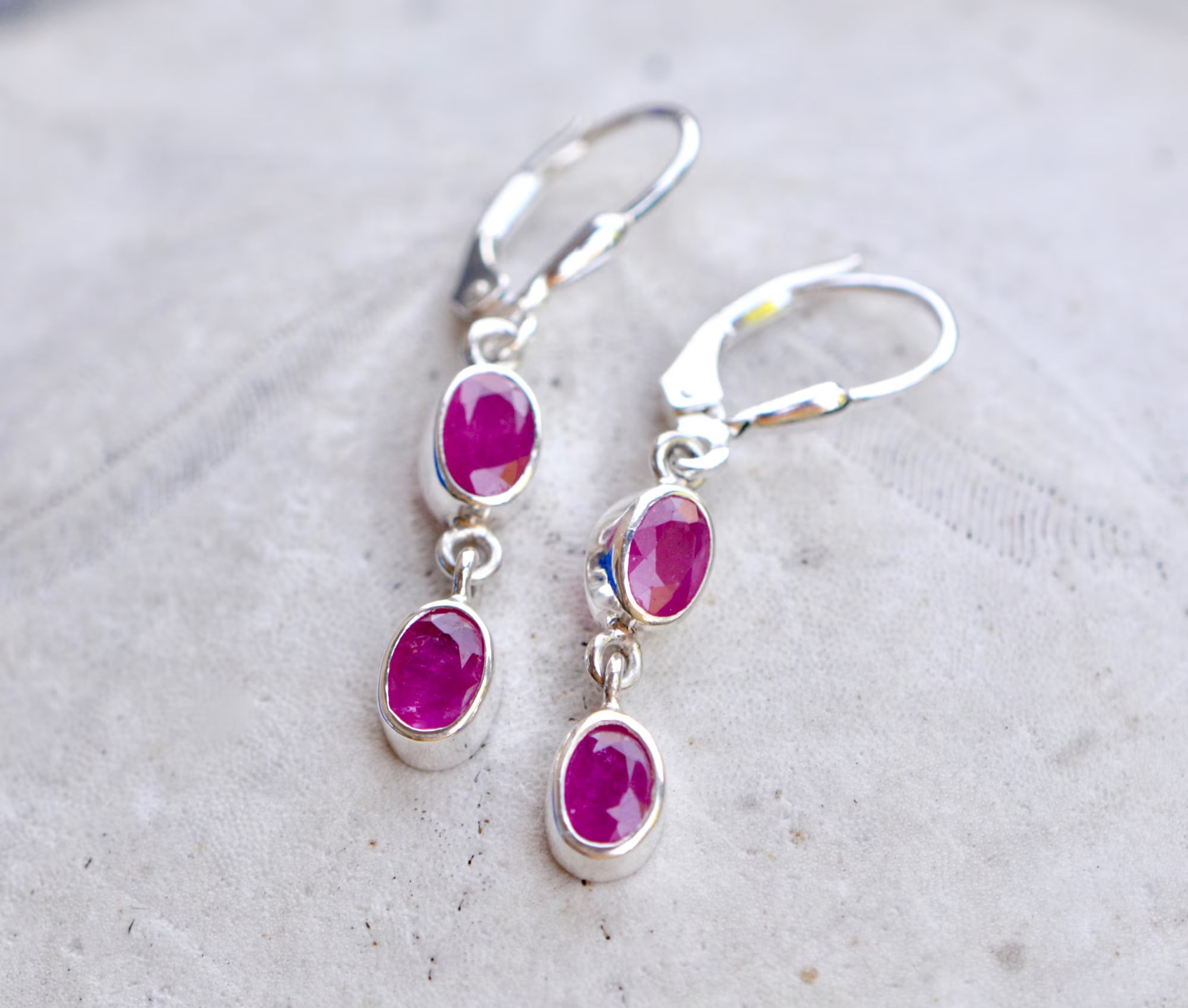 Ruby Natural Dangly Sterling Silver Earrings : July Birthstone Drops