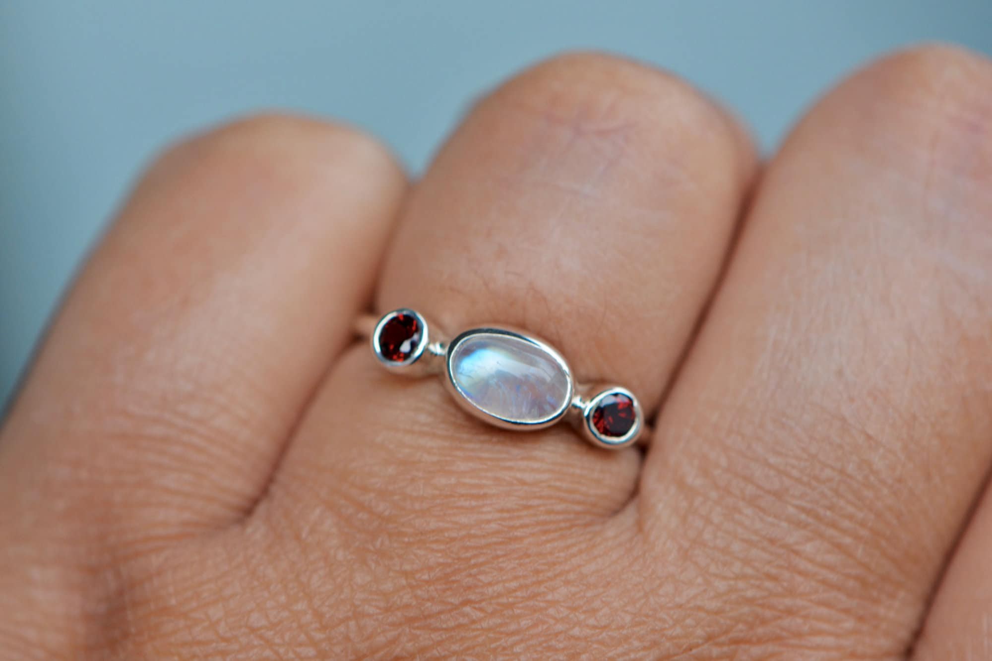 Moonstone & Garnet Sterling Silver Ring, Size 8.25 Stacking Ring, June January Birthstone, worn view