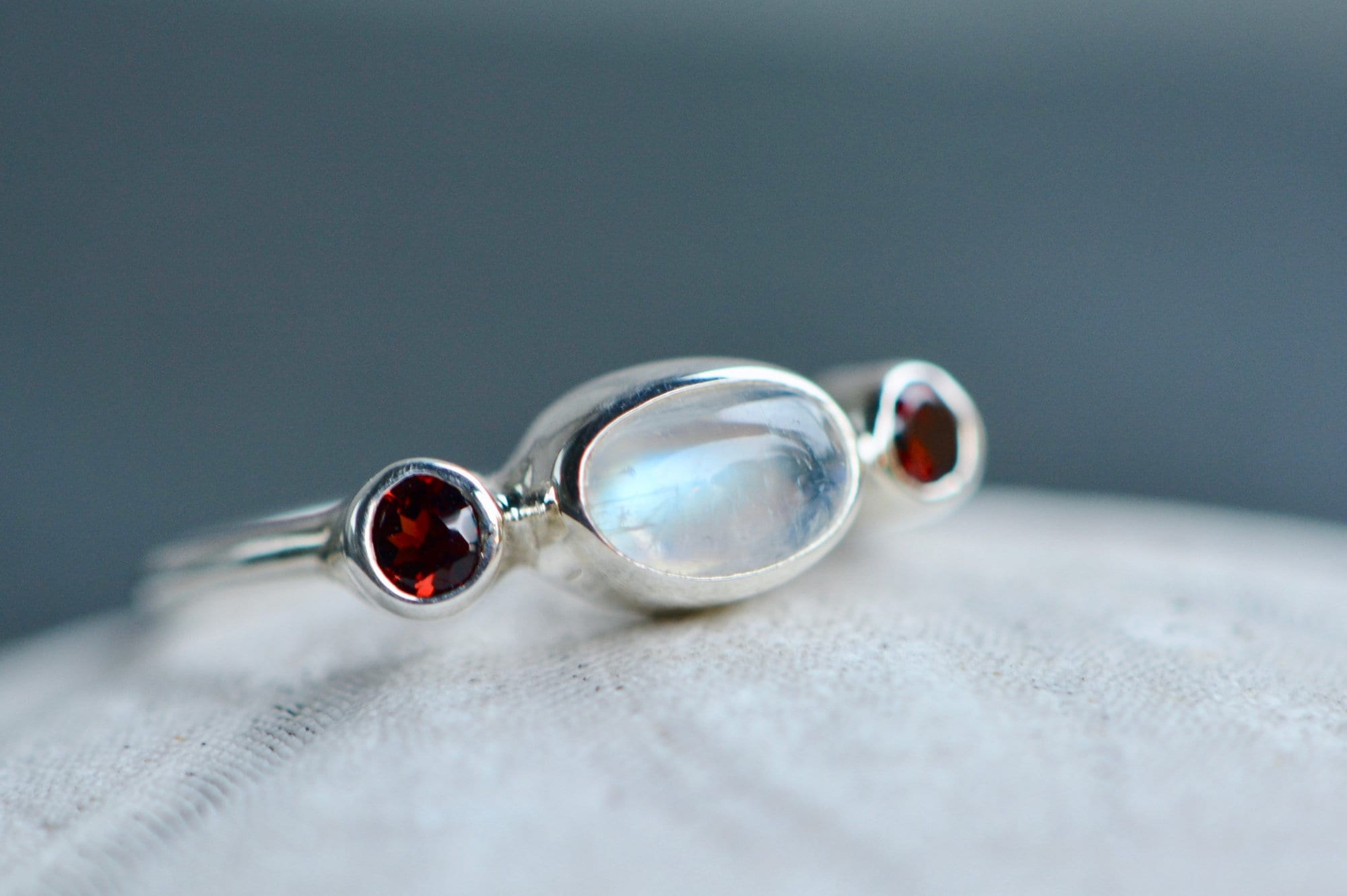 Moonstone & Garnet Sterling Silver Ring, Size 8.25 Stacking Ring, June January Birthstone, main view