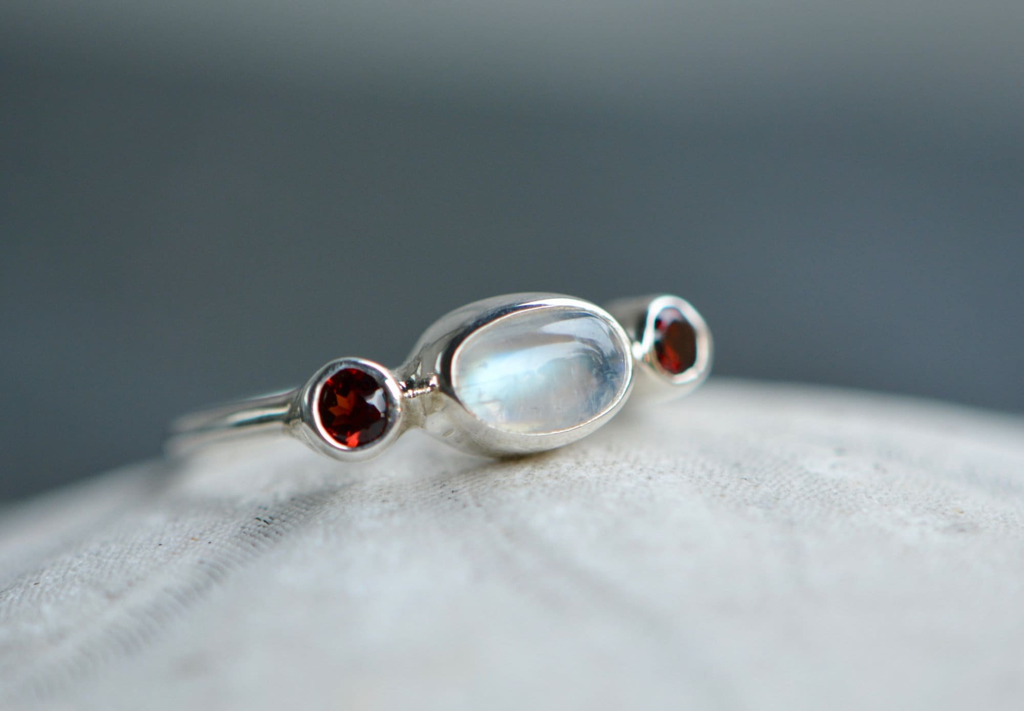 Moonstone & Garnet Sterling Silver Ring, Size 8.25 Stacking Ring, June January Birthstone, detail view