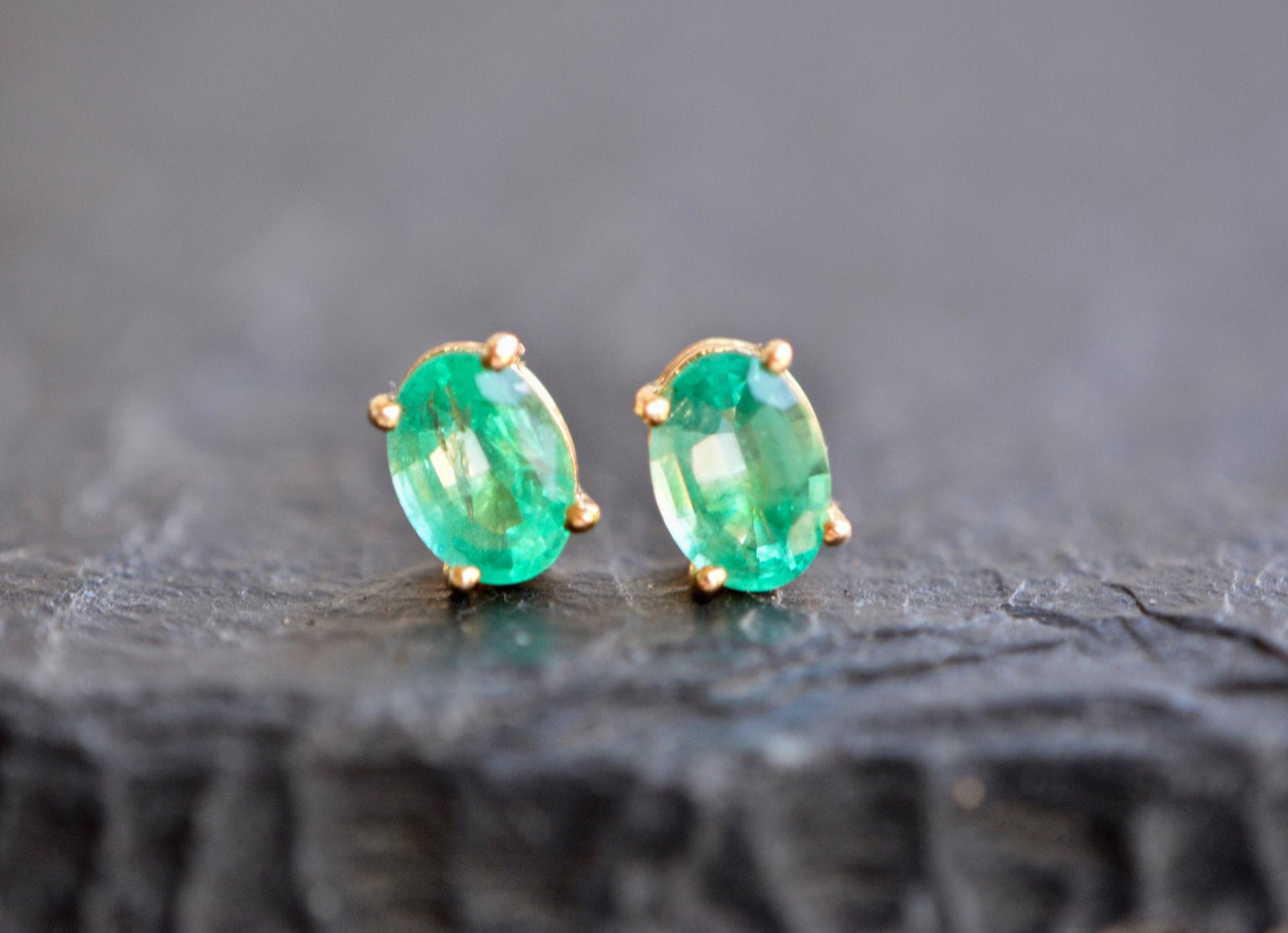 Emerald Natural Oval Stud Earrings Solid 18kt Gold : Minimalist May Birthstone Jewelry