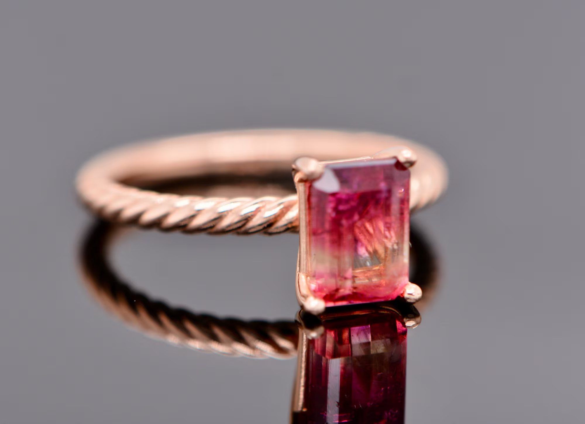 Natural Bi-Color Tourmaline Rope Solid 14k Rose Gold Size 7 Solitaire Ring : October Birthstone Ring