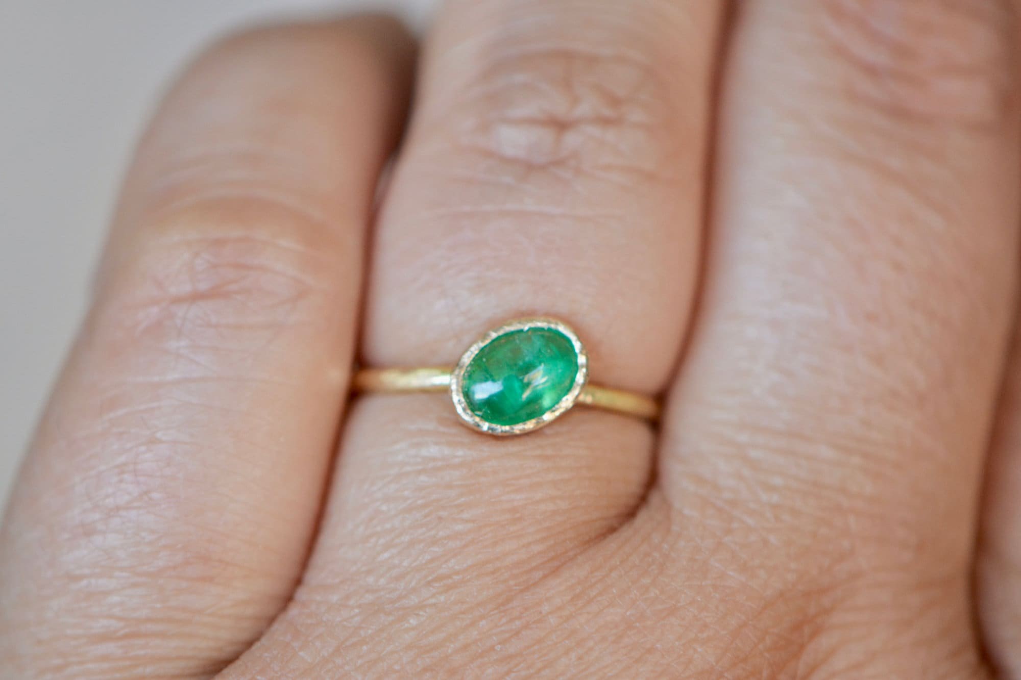 Whimsical Oval Emerald Cabochon Ring 14k Gold, May Birthstone, main view