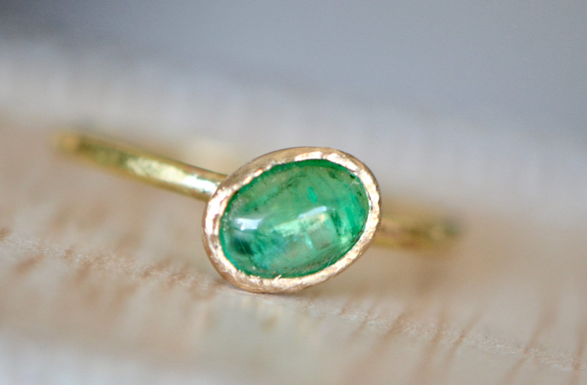 Whimsical Oval Emerald Cabochon Ring 14k Gold, May Birthstone, detail view