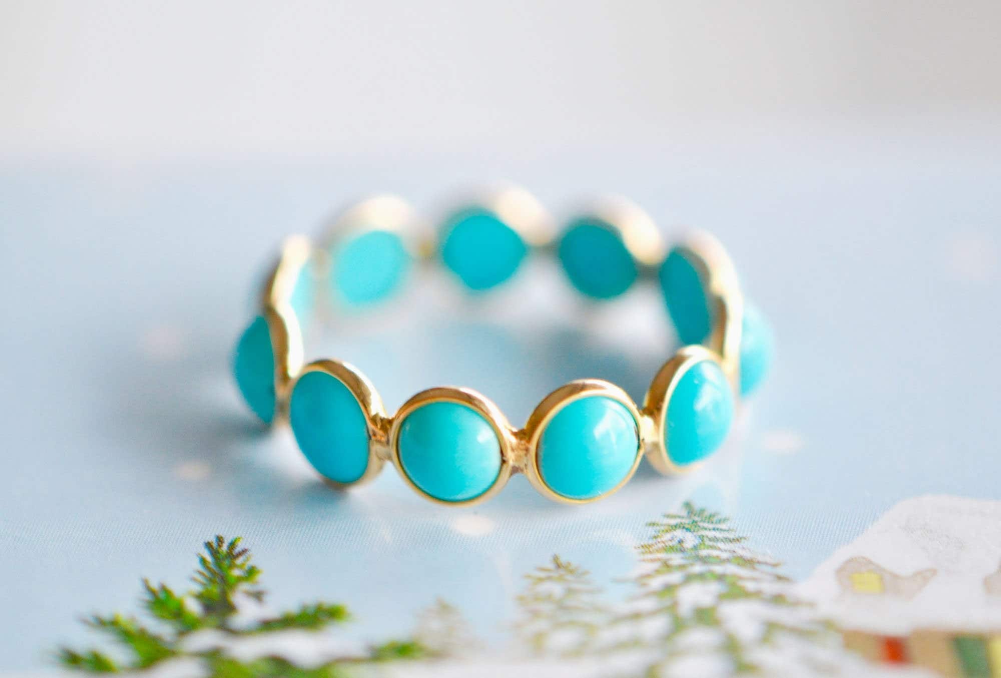 18kt Gold Turquoise Sleeping Beauty Round Ring Size 6.5: December Birthstone Jewelry