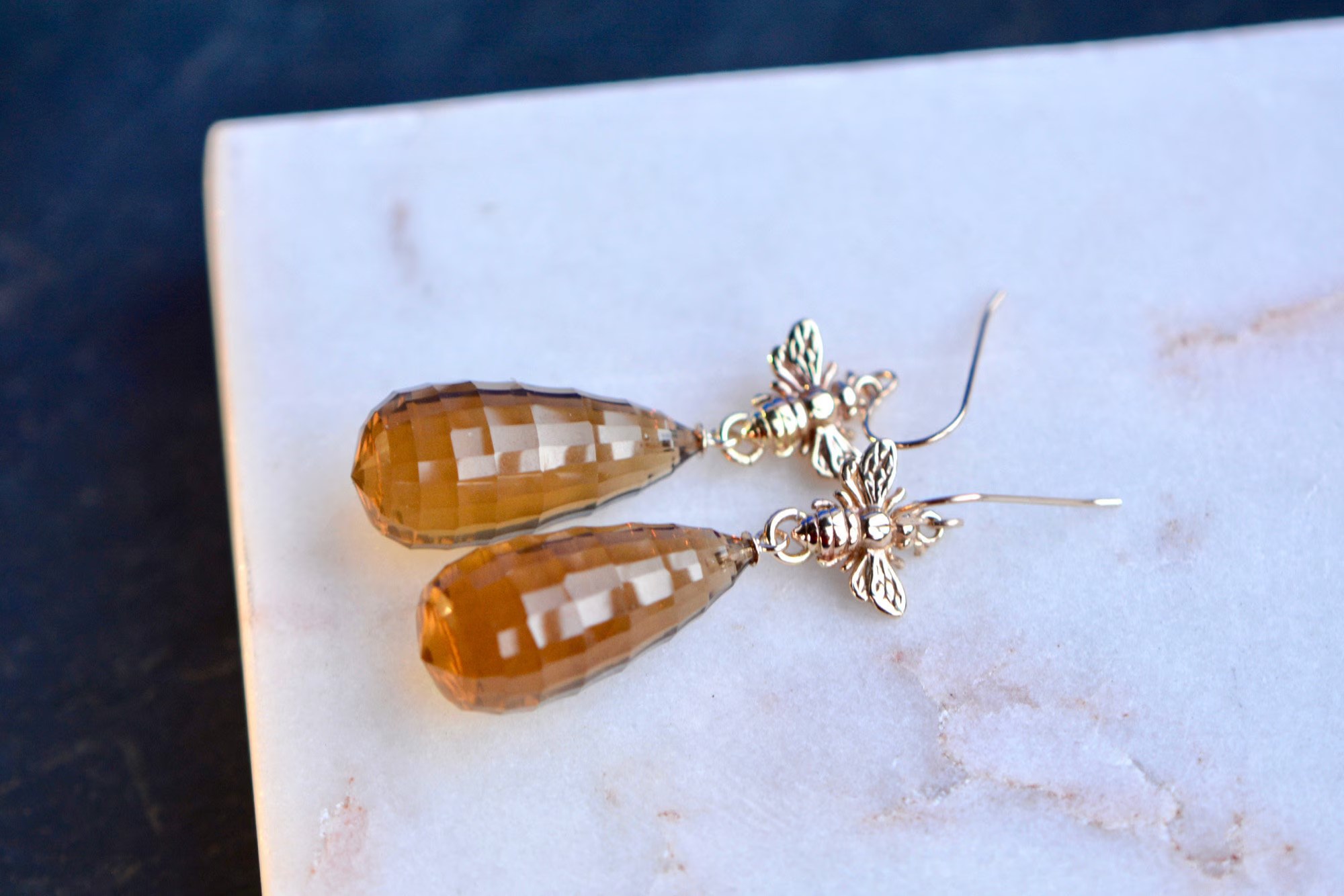 Bee and Beer Smoky Quartz Solid 14k Gold Danngly Statement Earrings : One of a Kind