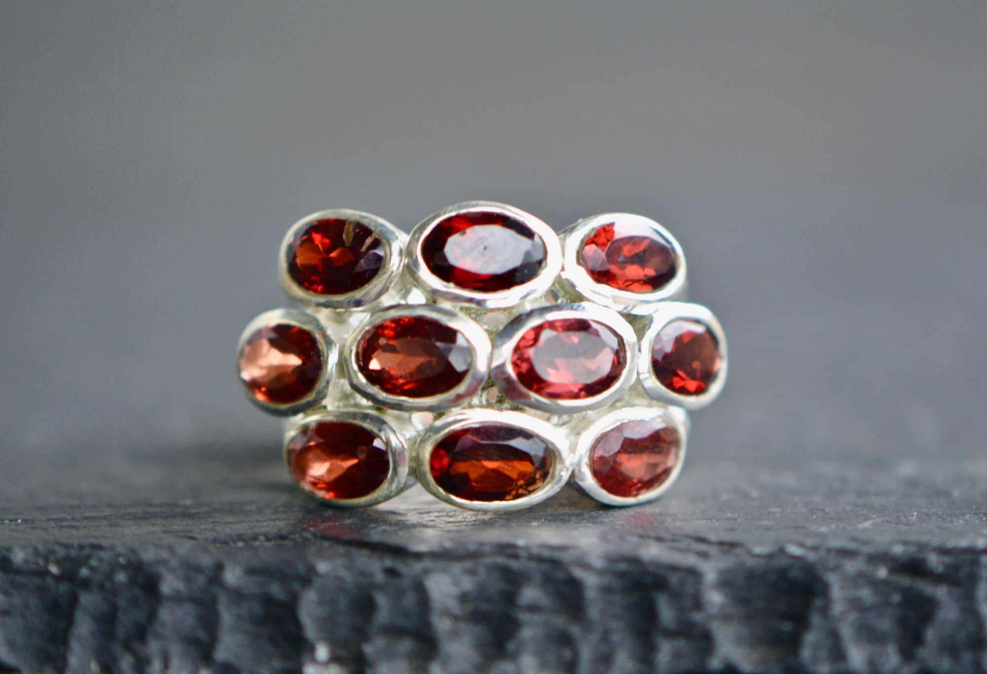Garnet Statement Ring Sterling Silver Size 7.75, January Birthstone, detail view