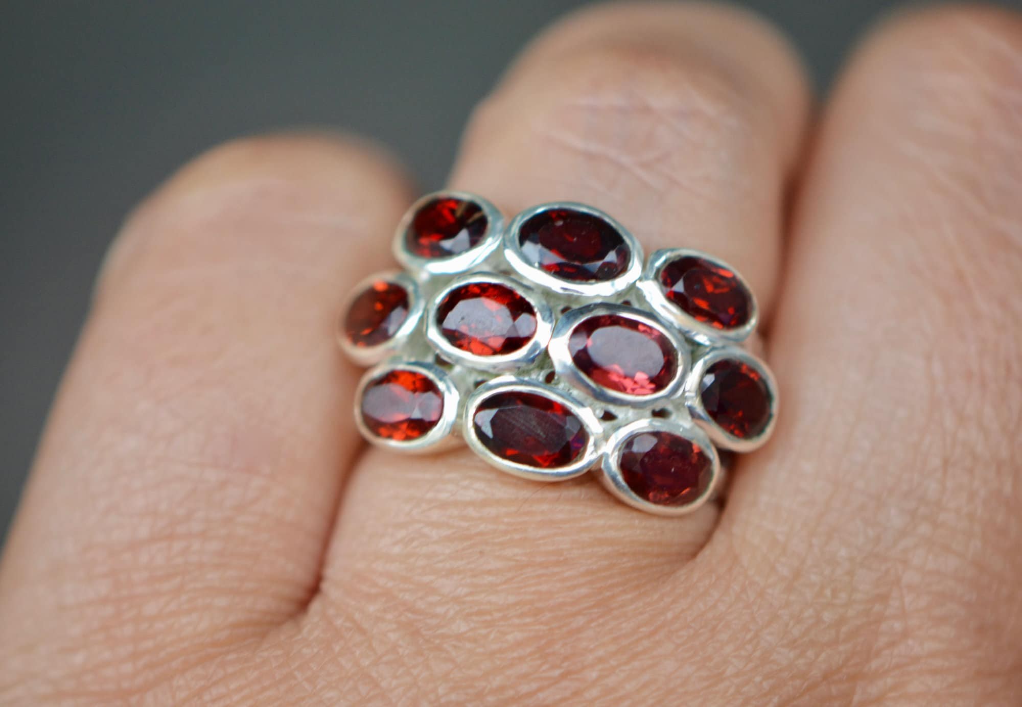 Garnet Statement Ring Sterling Silver Size 7.75, January Birthstone, worn view