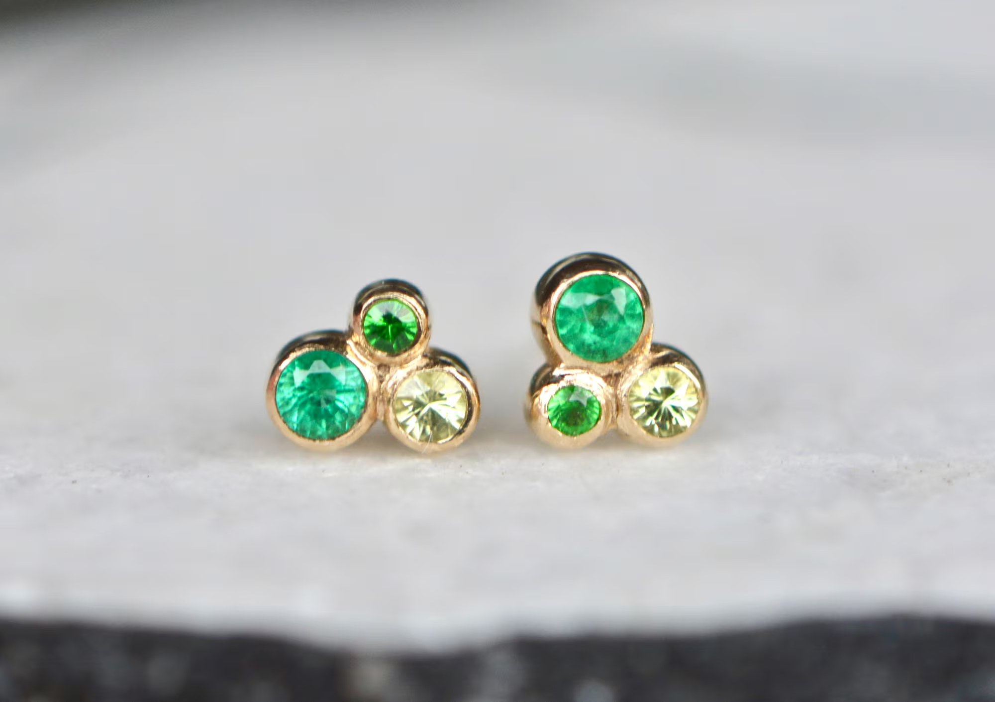 Tsavorite Garnet Emerald & Peridot Birthstone Cluster Earrings, 14k Gold Stud Earrings, Minimalist Earrings for Women