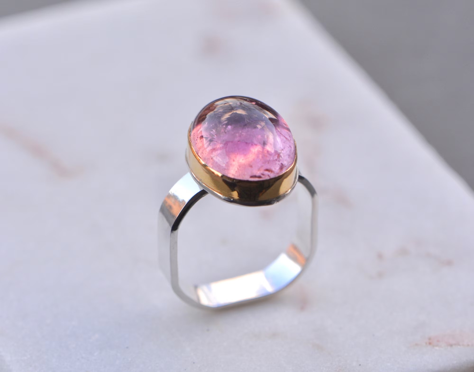 Pink Tourmaline Ring in 14k Gold & Sterling Silve , Mixed Metal Ring, October Birthstone Ring, Statement Ring, Square Band Size 10.5 Ring