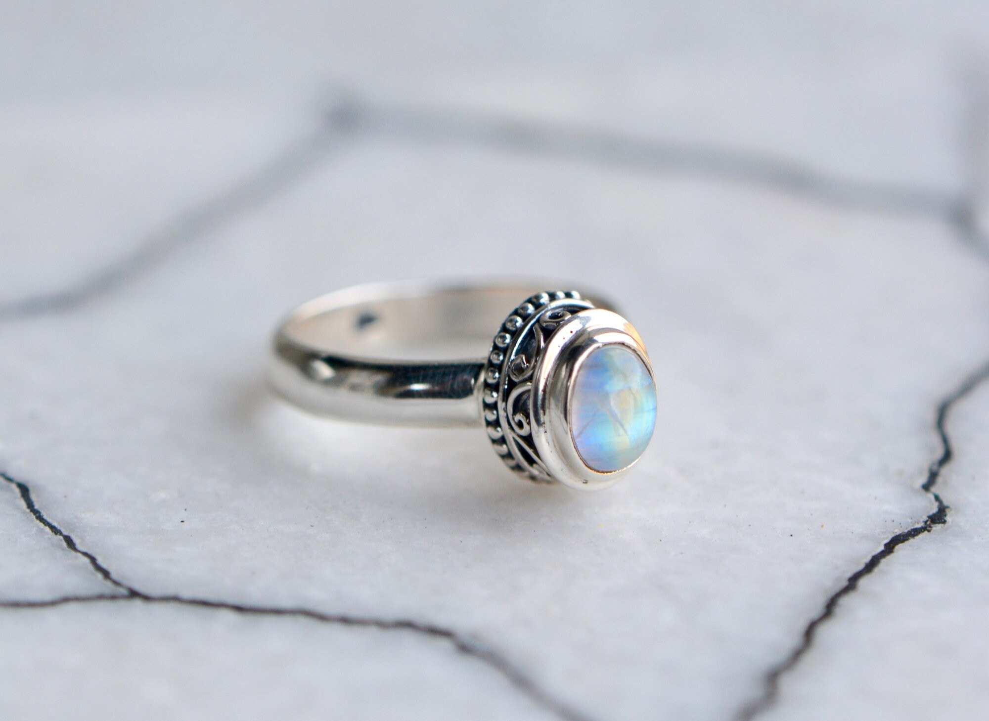 Moonstone Rainbow Oval Ring Sterling Silver : June Birthstone Jewelry