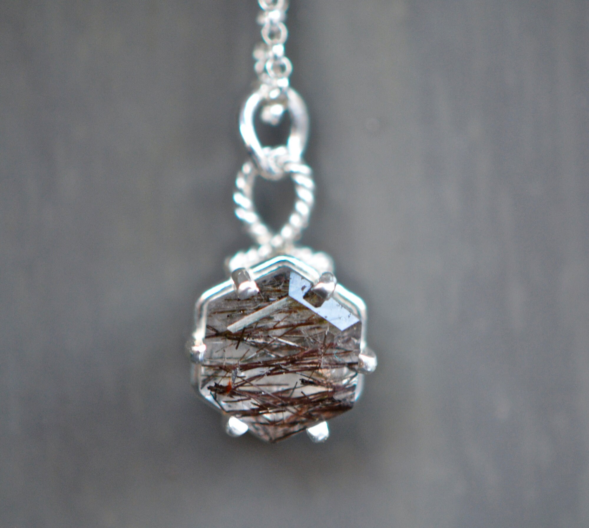 Tourmalated Quartz Hexagon Necklace : Black Rutile Pendant, detail view