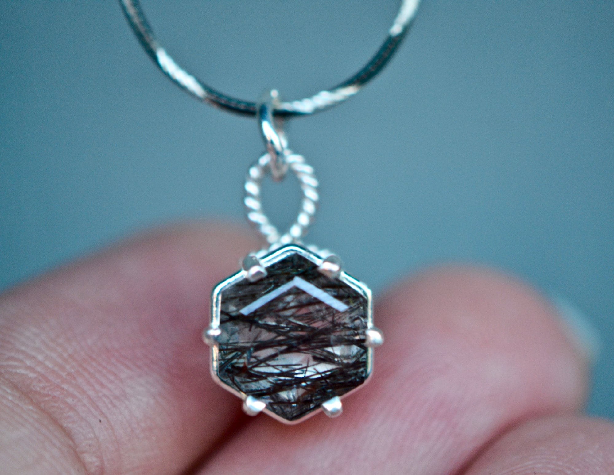 Tourmalated Quartz Hexagon Necklace : Black Rutile Pendant, detail view