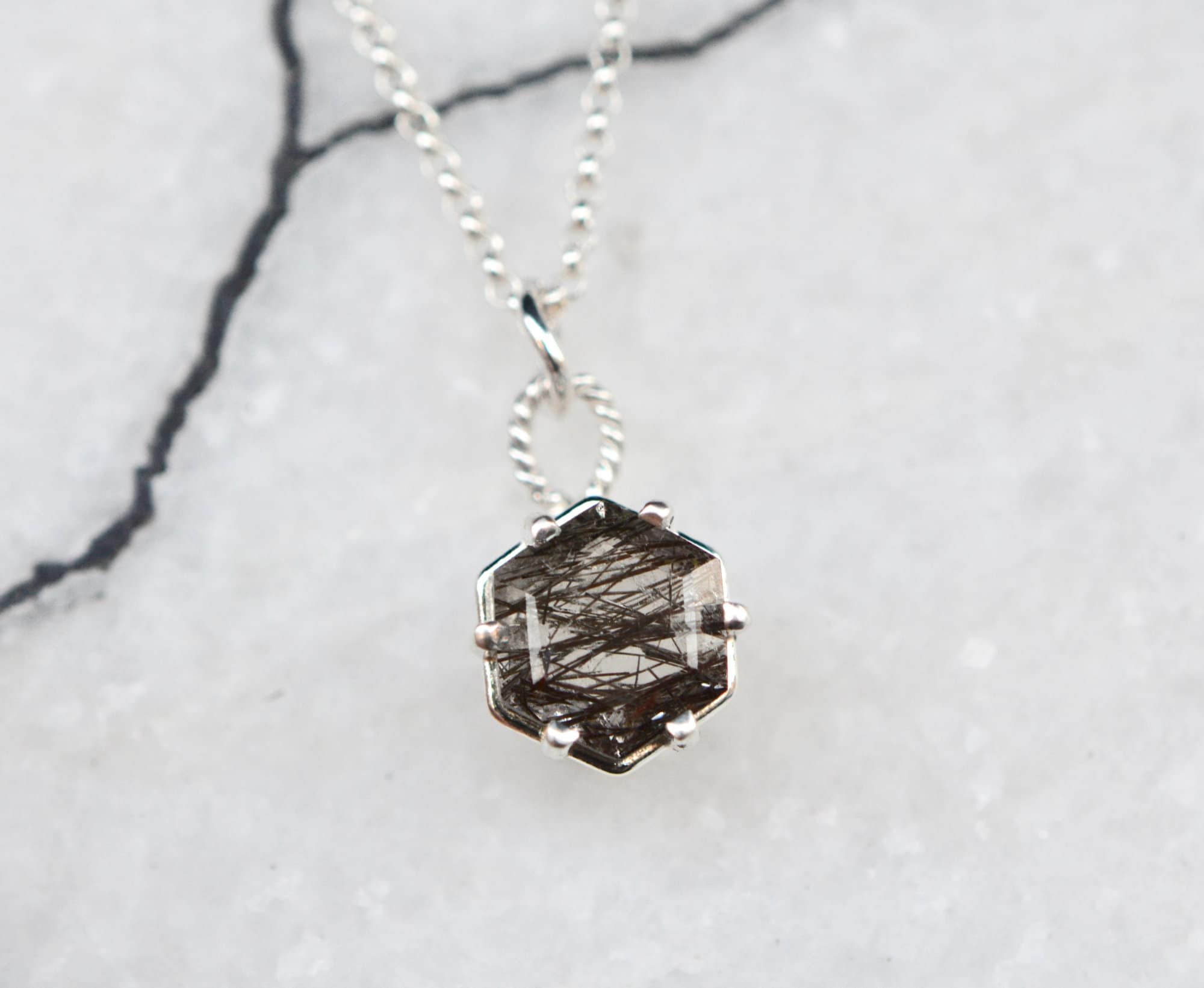 Tourmalated Quartz Hexagon Necklace : Black Rutile Pendant