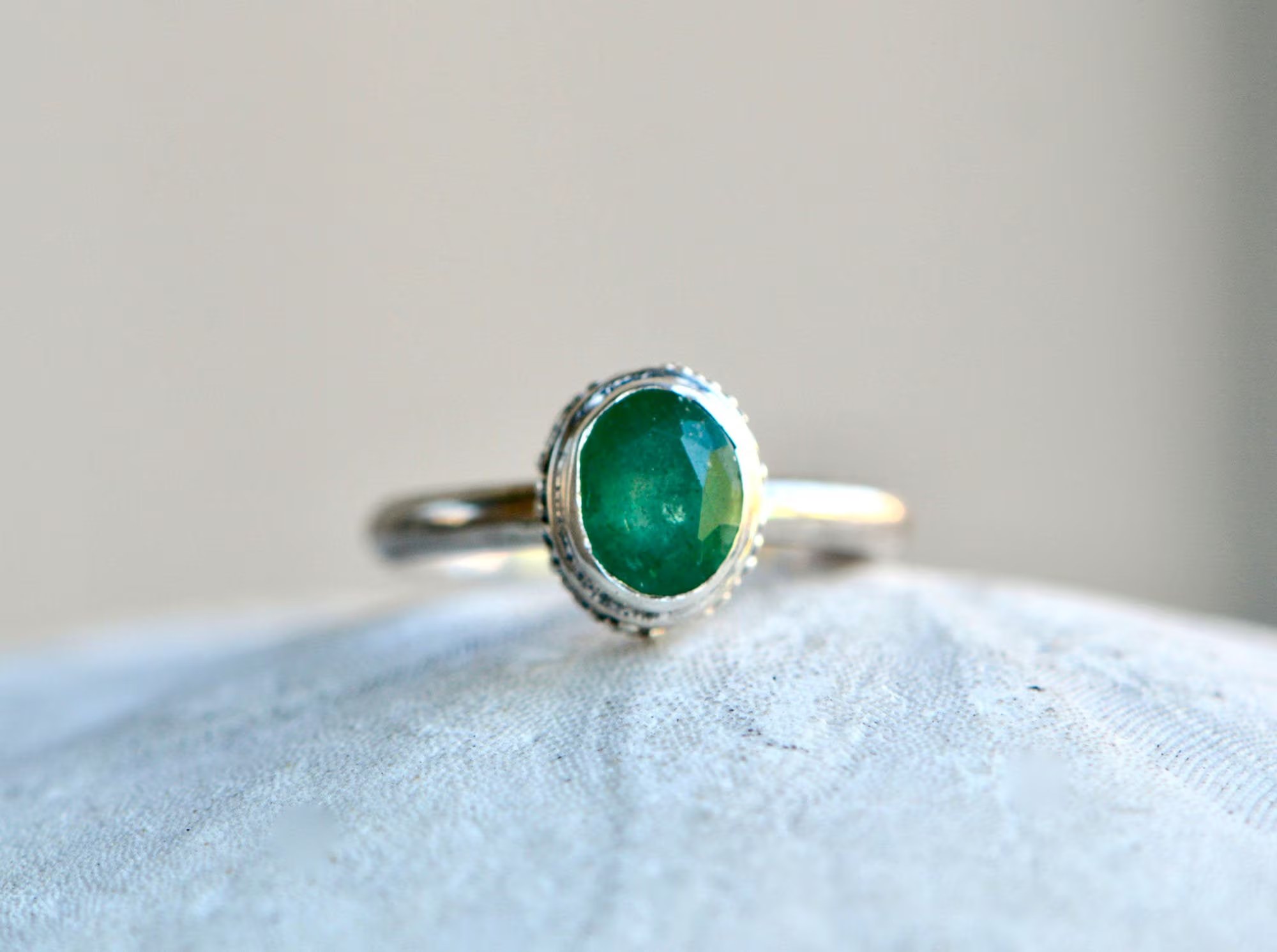 Natural Emerald Oval Sterling Silver Bezel Ring: May Birthstone Jewelry