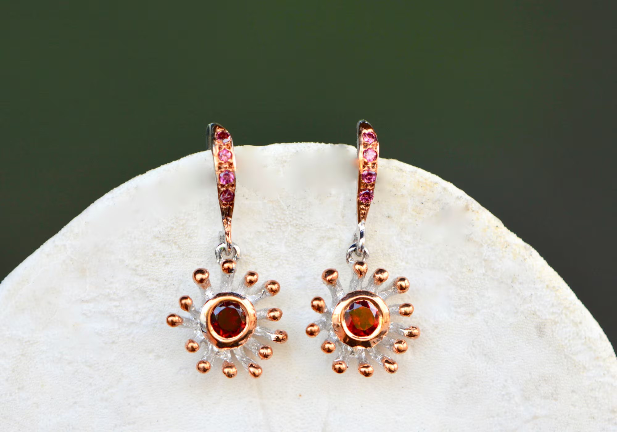 Sea Anemone Garnet Pink Sapphire Earrings in Rose Gold & Sterling Silver Dangly Earrings : January Birthstone