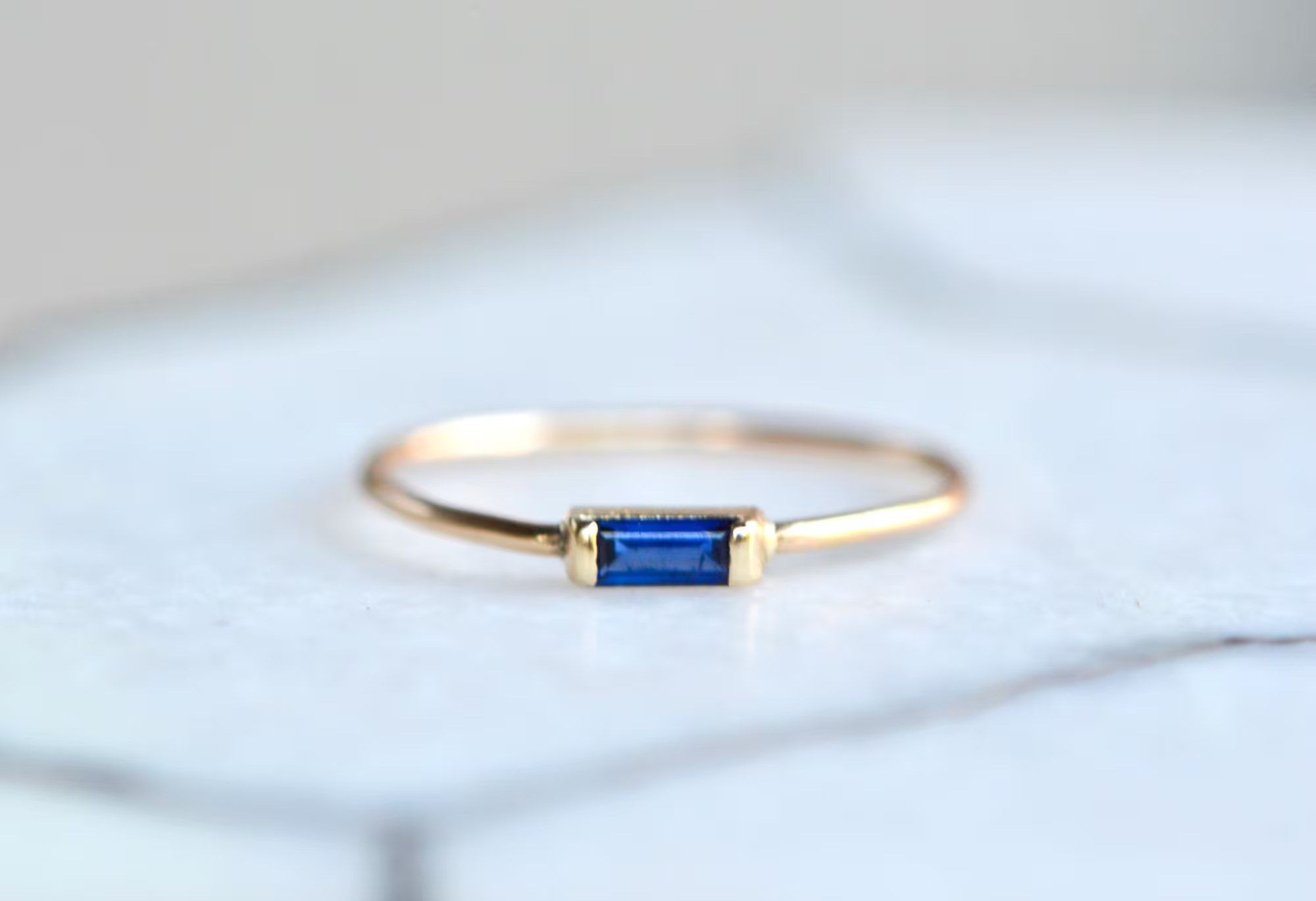 Sapphire Baguette 14k Gold Minimalist Stacking Ring : September Birthstone Jewelry