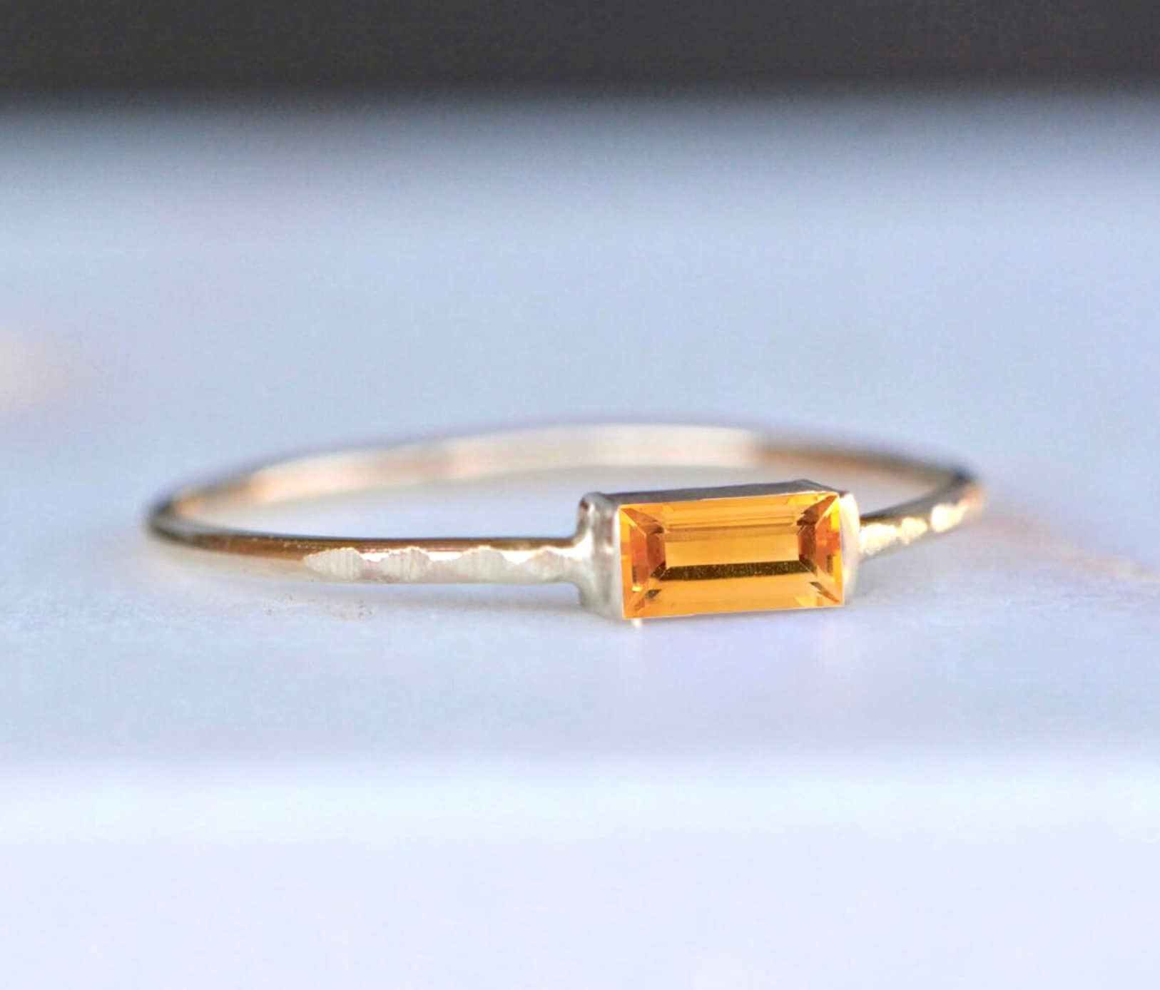 Citrine Baguette 14k Gold Ring: Minimalist Stacking Jewelry