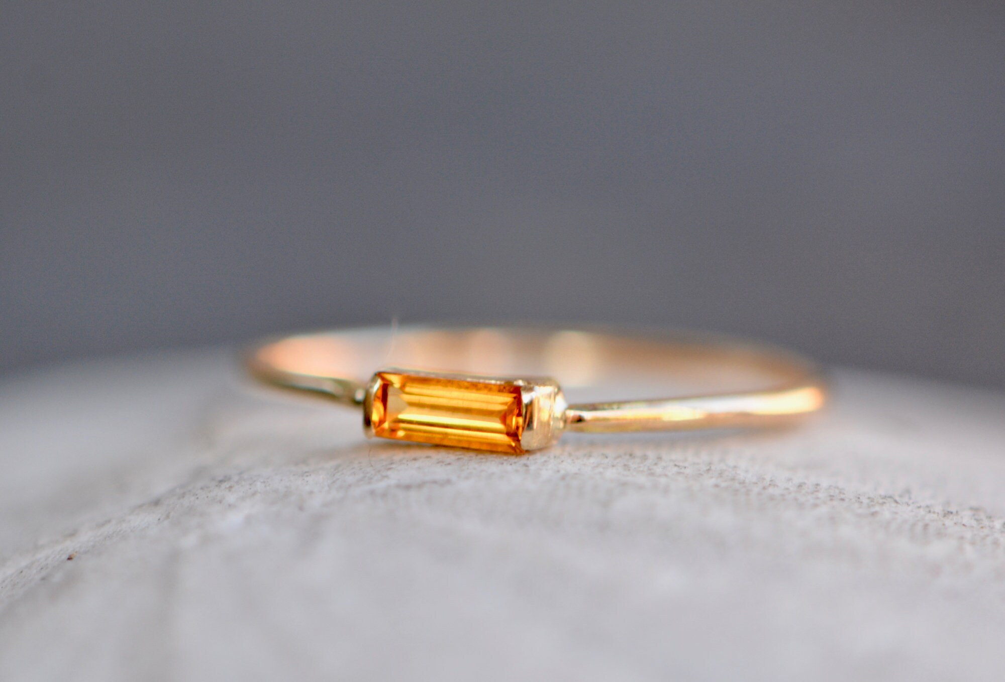 Citrine Baguette 14k Gold Ring: Minimalist Stacking Jewelry, detail view
