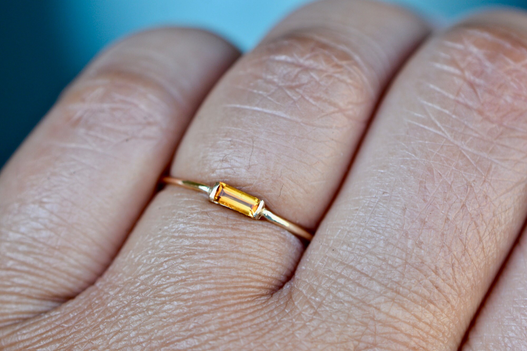 Citrine Baguette 14k Gold Ring: Minimalist Stacking Jewelry, worn view