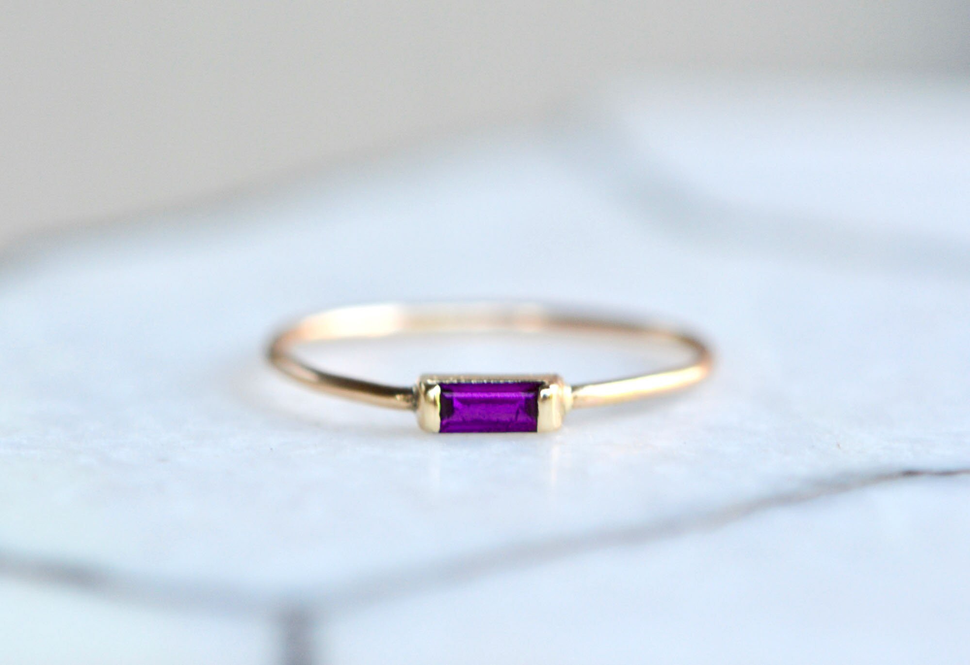 Amethyst Baguette 14k Gold Minimalist Stackable Ring : February Birthstone Jewelry
