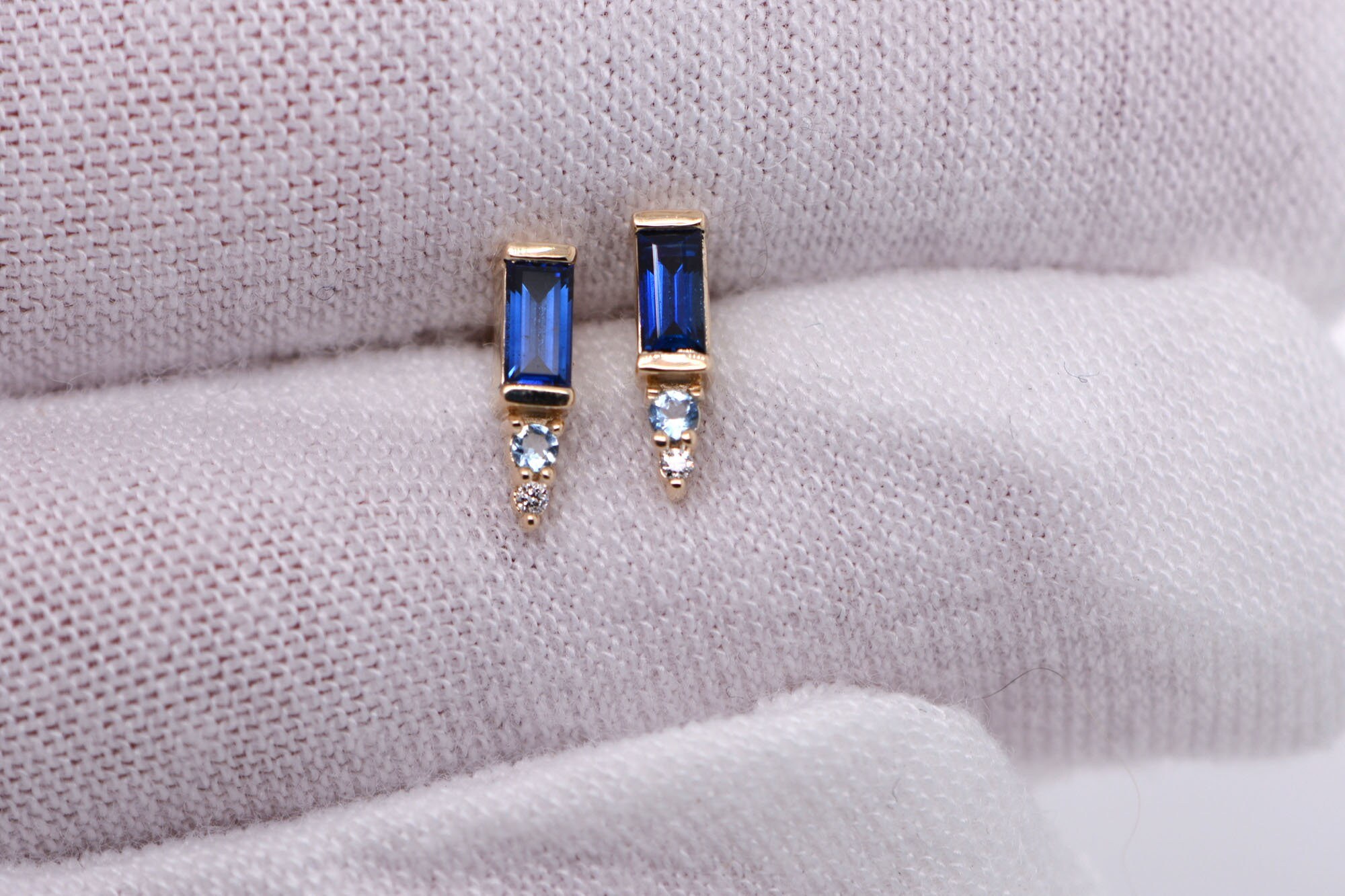 Sapphire Baguette Aquamarine & Diamond Birthstone Cluster Earrings, 14k Gold Stud Earrings, Minimalist Earrings, Personalized Gift for Mom