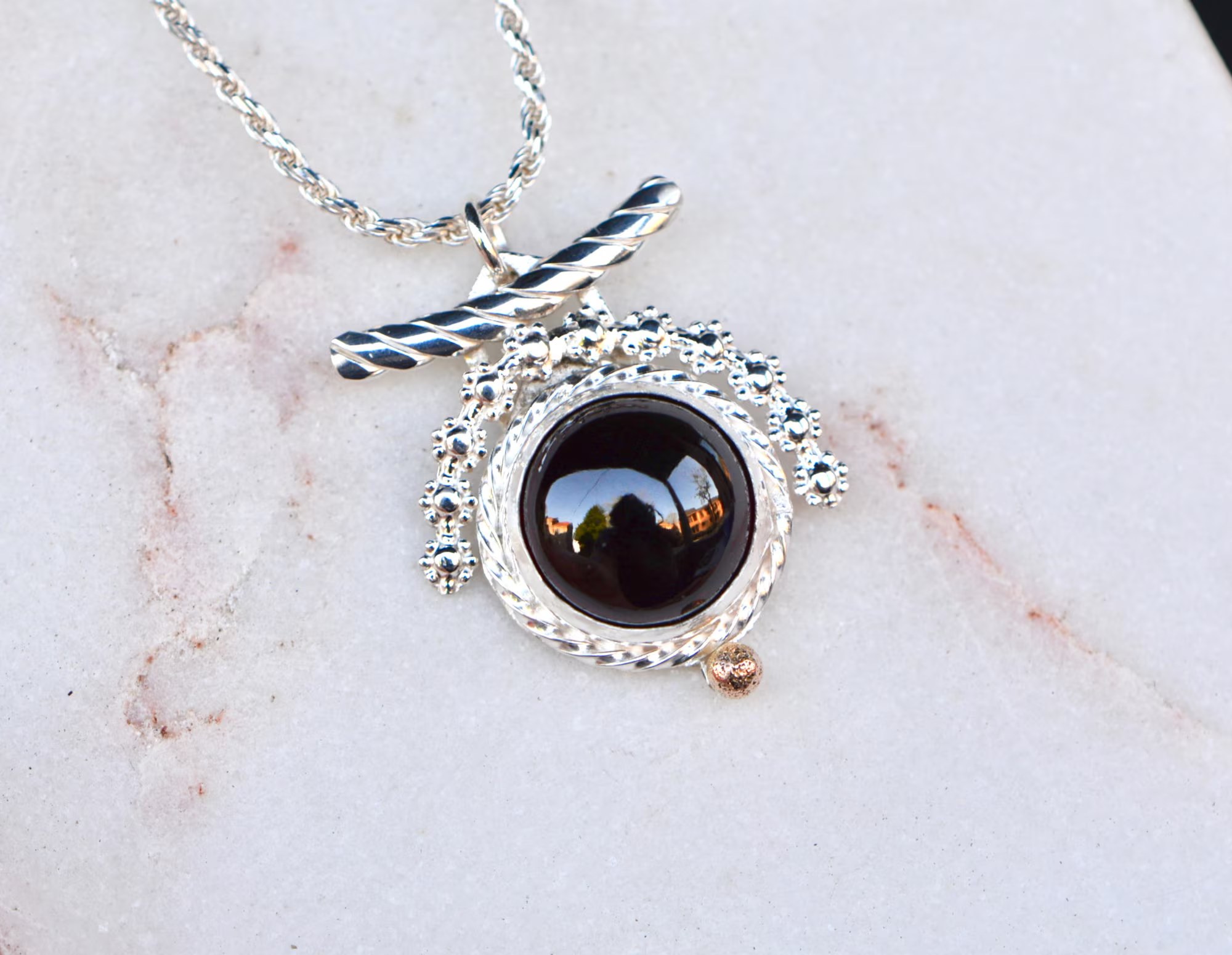 Garnet Red Cabochon Statement Pendant in Sterling Silver and Gold : January Birthstone Jewelry