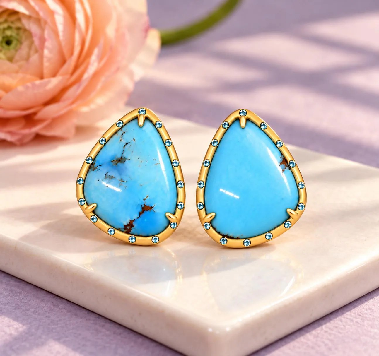 Golden Hill Turquoise 14k Gold Earrings with Aquamarine, December Birthstone, detail view