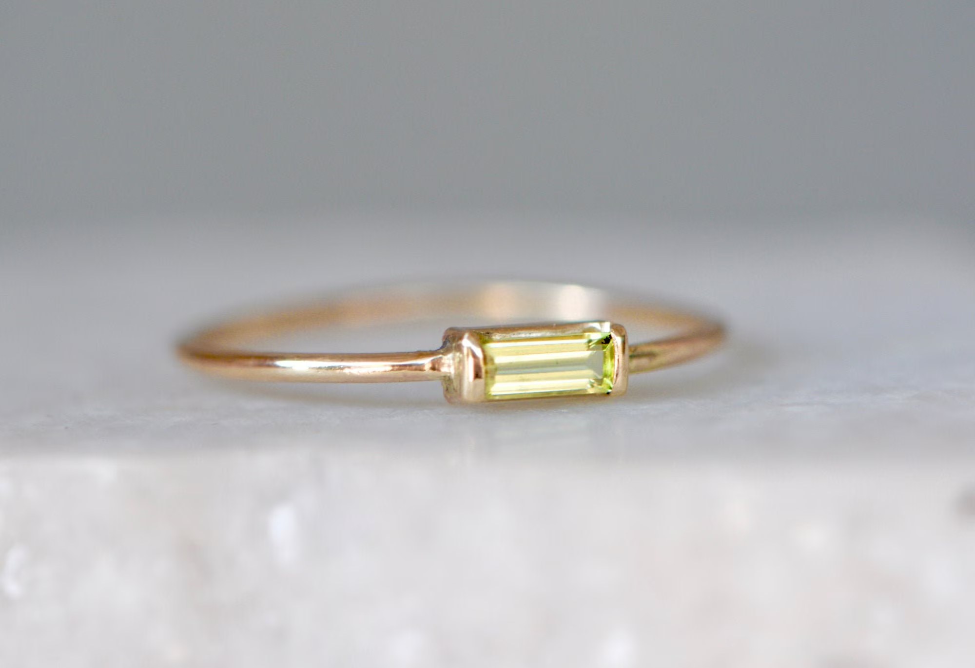 Peridot Baguette Minimalist 14k Gold Ring : August Birthstone Jewelry