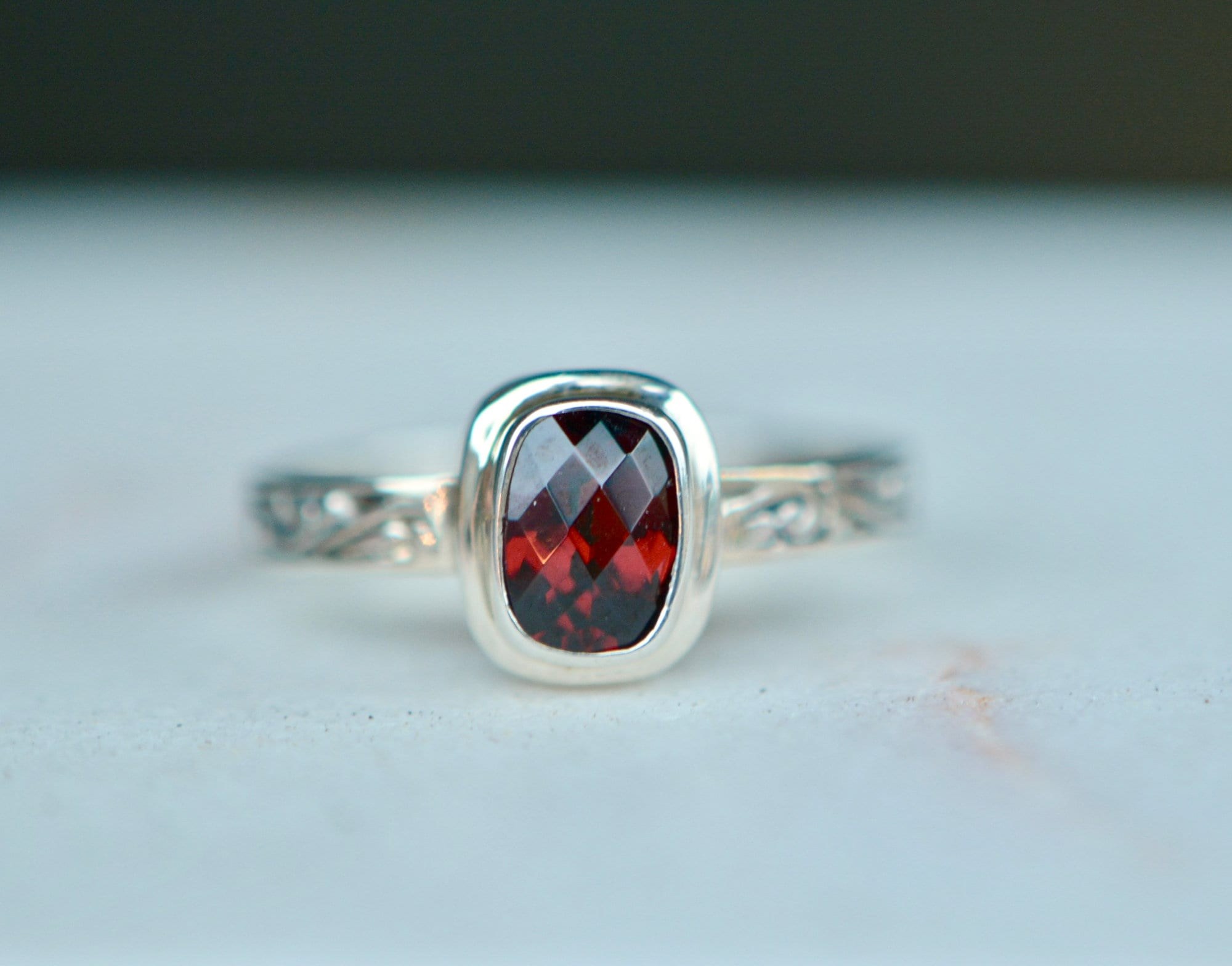 Red Garnet Sterling Silver Ring Size 6.75, January Birthstone, detail view