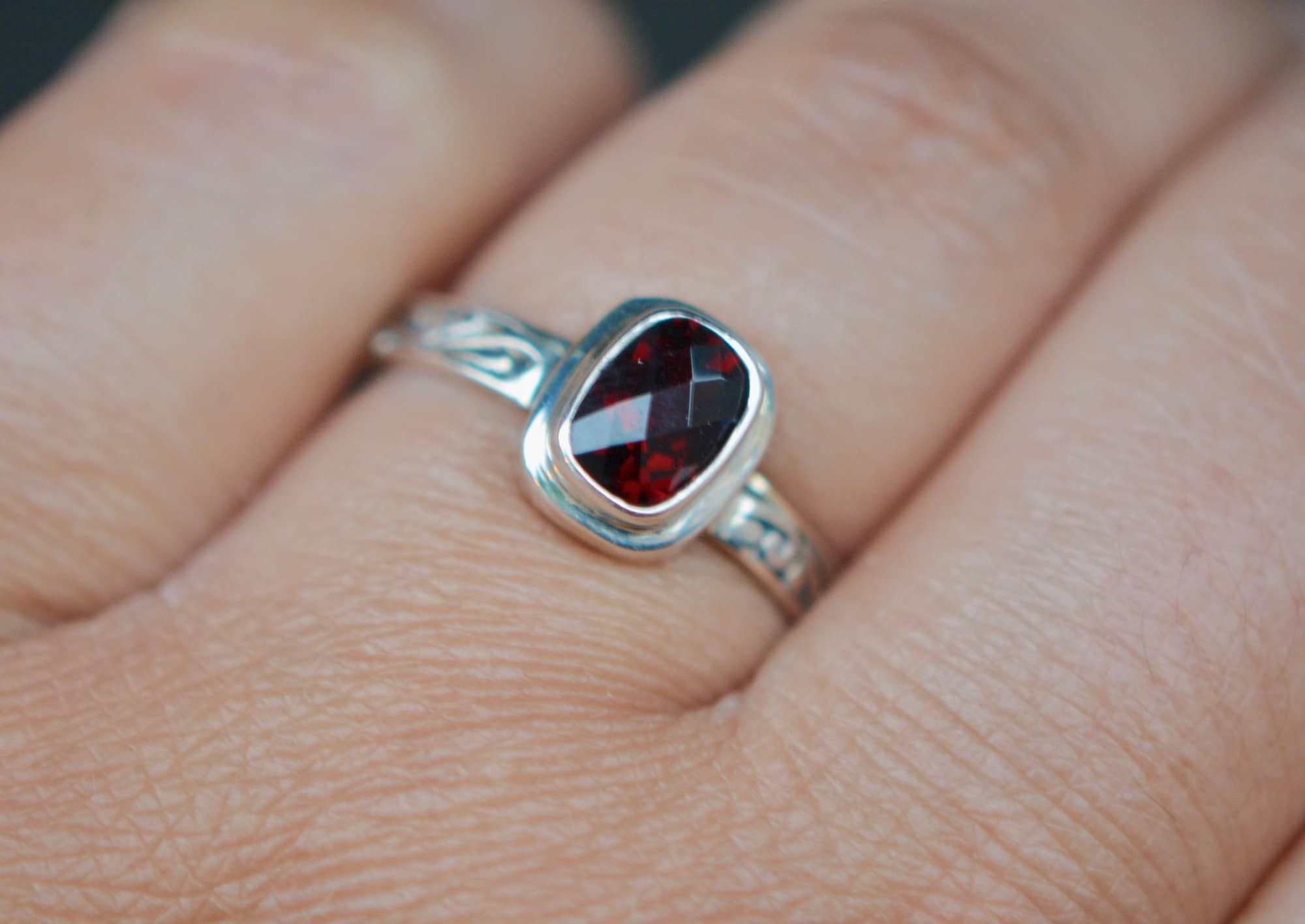 Red Garnet Sterling Silver Ring Size 6.75, January Birthstone, worn view