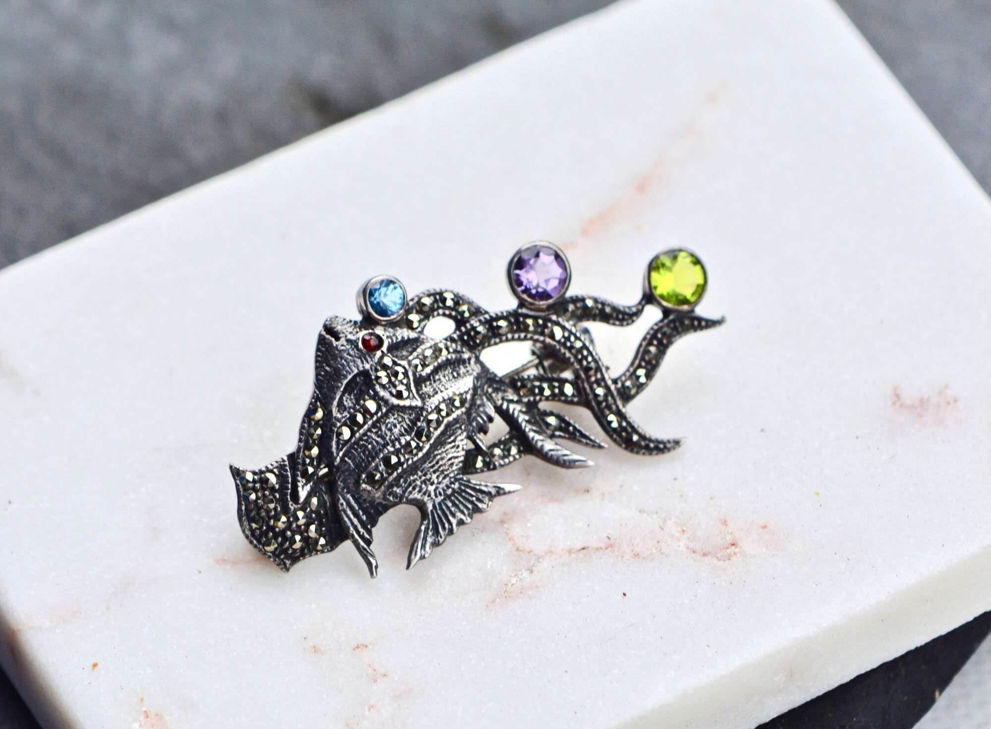 Vintage Fish Sterling Silver Brooch with Marcasite Peridot Blue Topaz & Amethyst, Large Vintage Pin, Estate Jewelry, Gift for Grandma