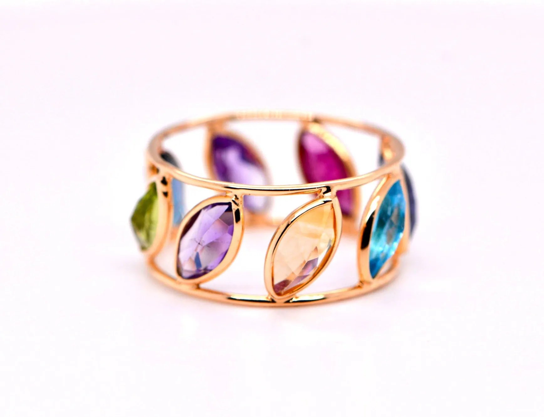 Multigemstone Ring 18k Gold with Peridot Blue Topaz Amethyst Pink Tourmaline Iolite Citrine