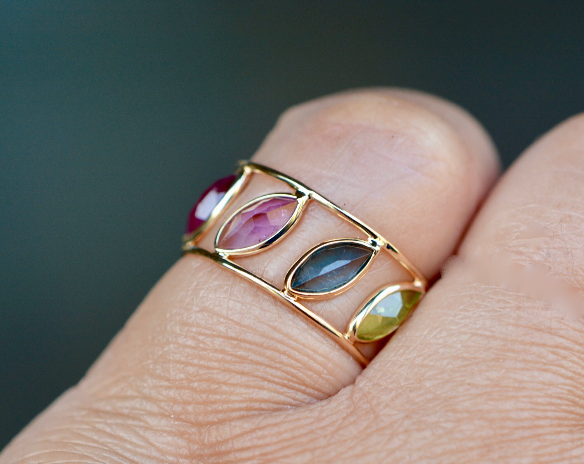 Multigemstone Ring 18k Gold with Peridot Blue Topaz Amethyst Pink Tourmaline Iolite Citrine, worn view