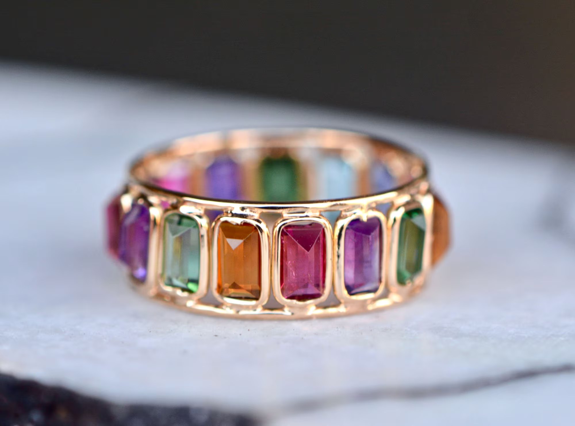 Multigemstone Rainbow Eternity Ring 18k Gold : Peridot Blue Topaz Garnet Amethyst Pink & Indocolite Tourmaline Citrine Birthstones