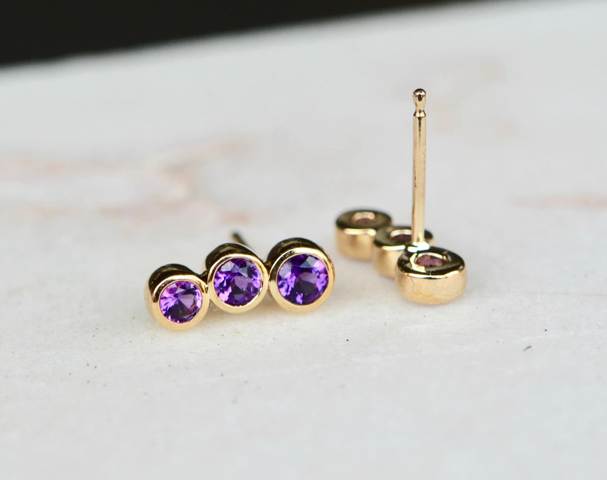Amethyst Ear Climbers 14kt Gold, February Birthstone Jewelry, Round Purple Gemstone Stud Earrings, Girlfriend Gift, Birthday Gift for Wife, detail view