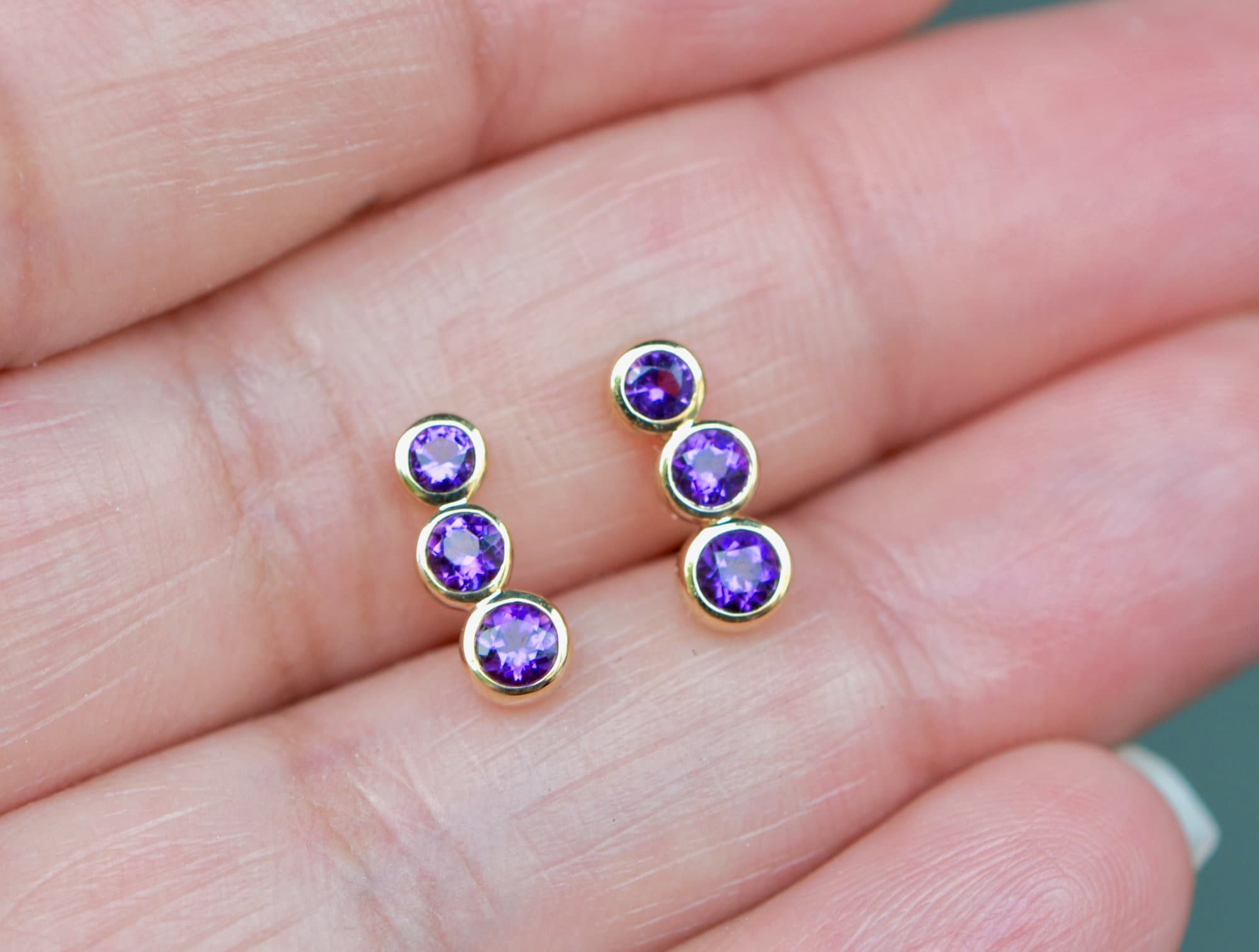 Amethyst Ear Climbers 14kt Gold, February Birthstone Jewelry, Round Purple Gemstone Stud Earrings, Girlfriend Gift, Birthday Gift for Wife, detail view