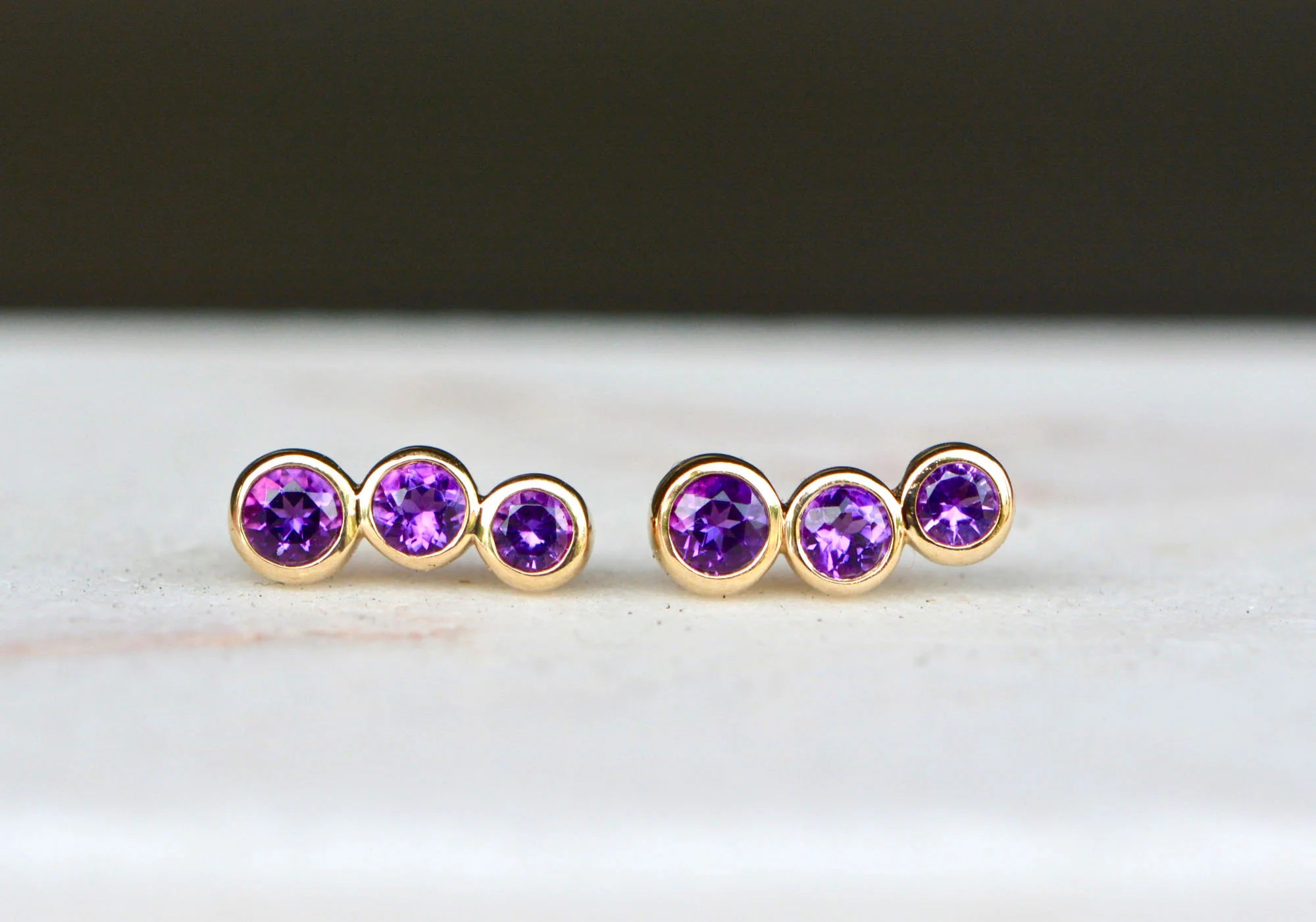 Amethyst Ear Climbers 14kt Gold, February Birthstone Jewelry, Round Purple Gemstone Stud Earrings, Girlfriend Gift, Birthday Gift for Wife