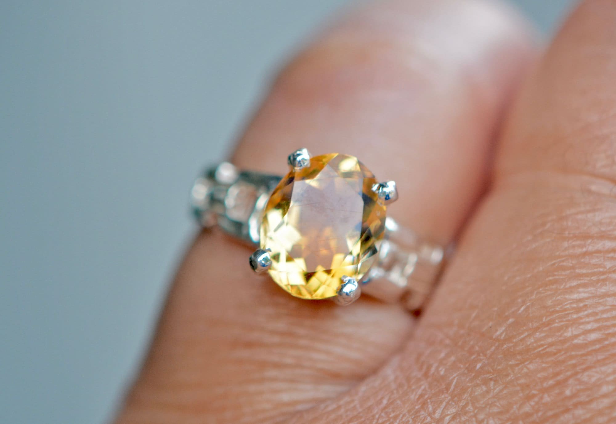 Citrine Oval Ring Sterling Silver Size 7, November Birthstone, worn view