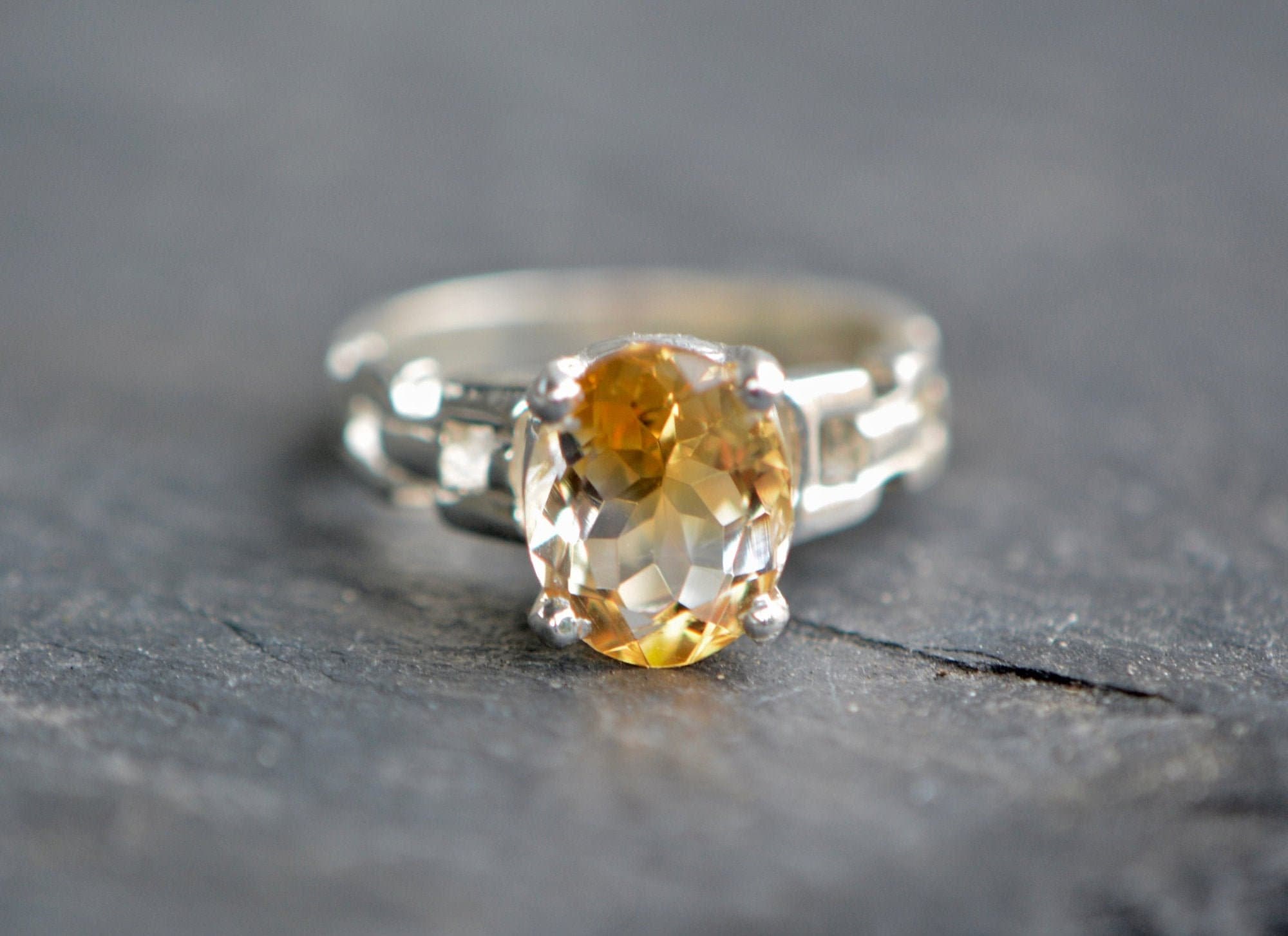 Citrine Oval Ring Sterling Silver Size 7, November Birthstone, detail view