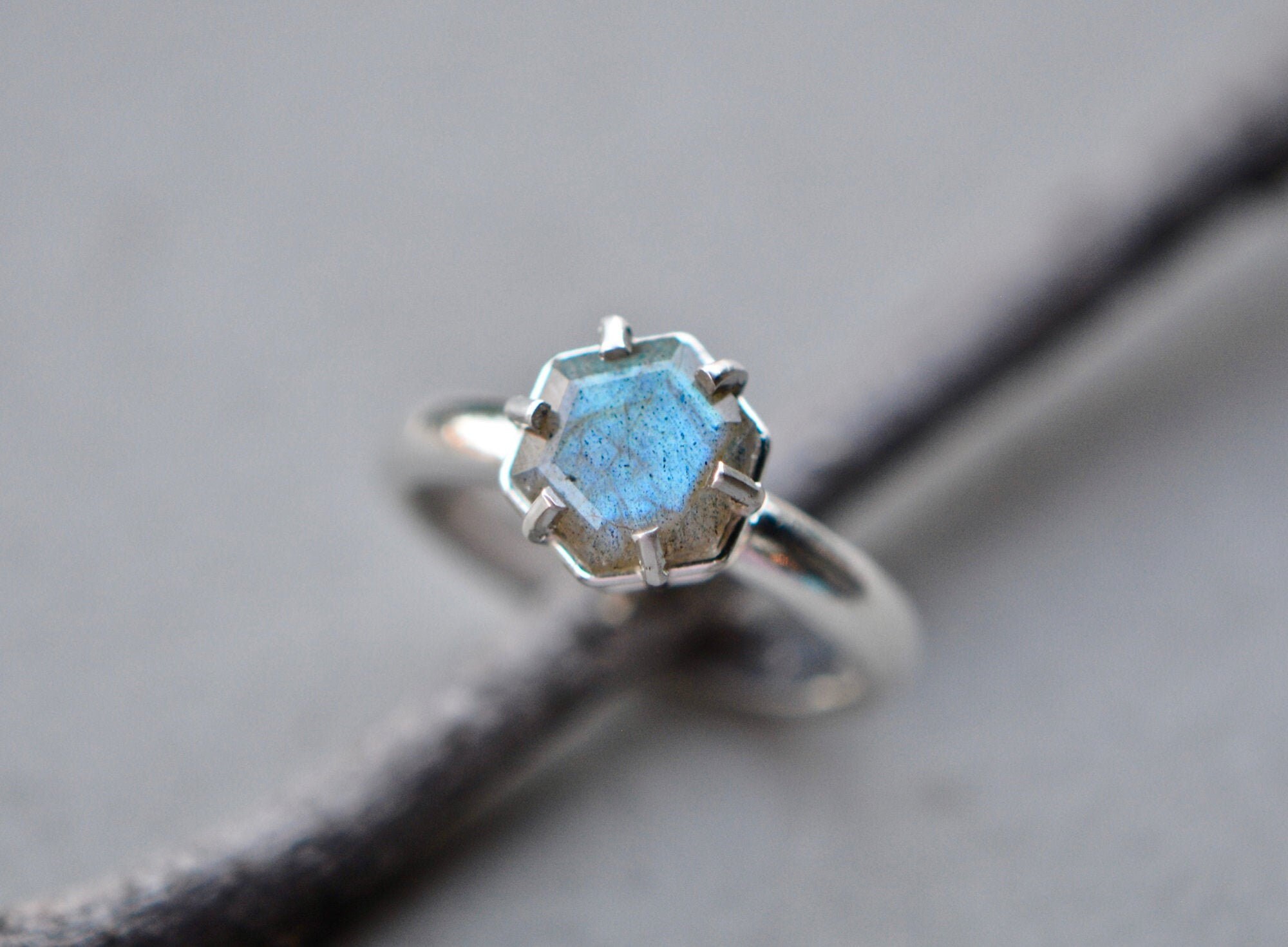 Labradorite Hexagon Sterling Silver Ring: Boho Gemstone Jewelry