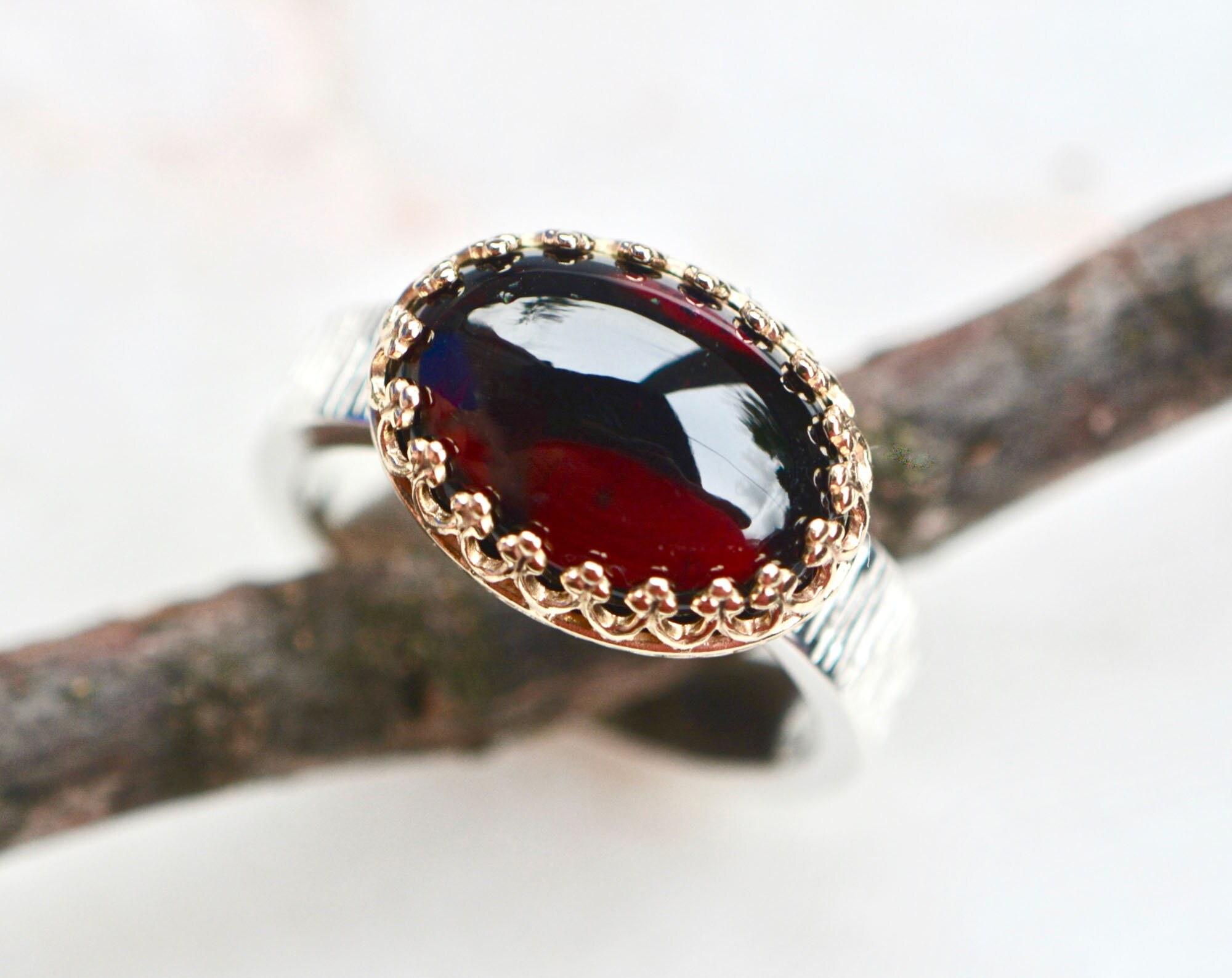 Garnet Red Oval East West Cabochon Ring in 14k Gold & Sterling Silver Size 7 : January Birthstone Jewelry