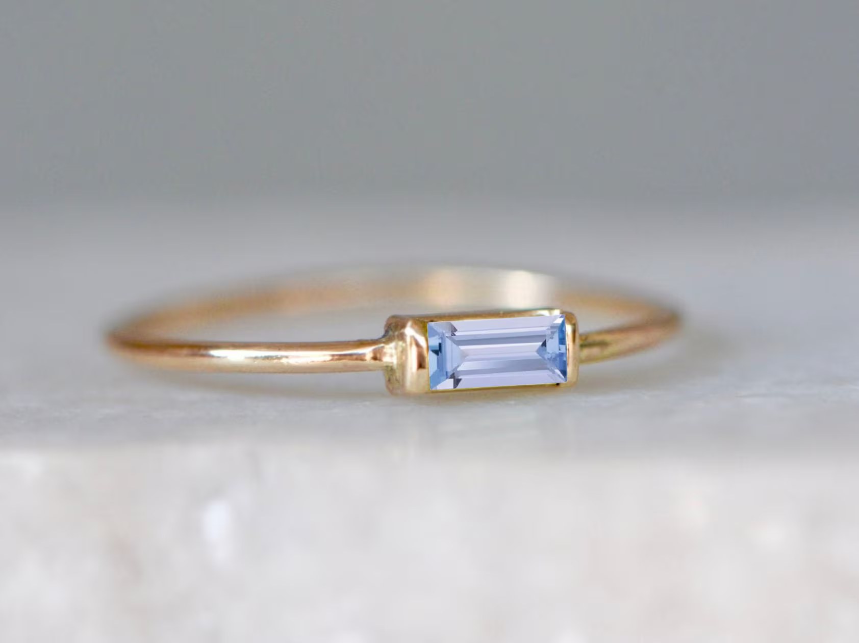 14k Gold Tanzanite Baguette Ring: Minimalist Art Deco Jewelry