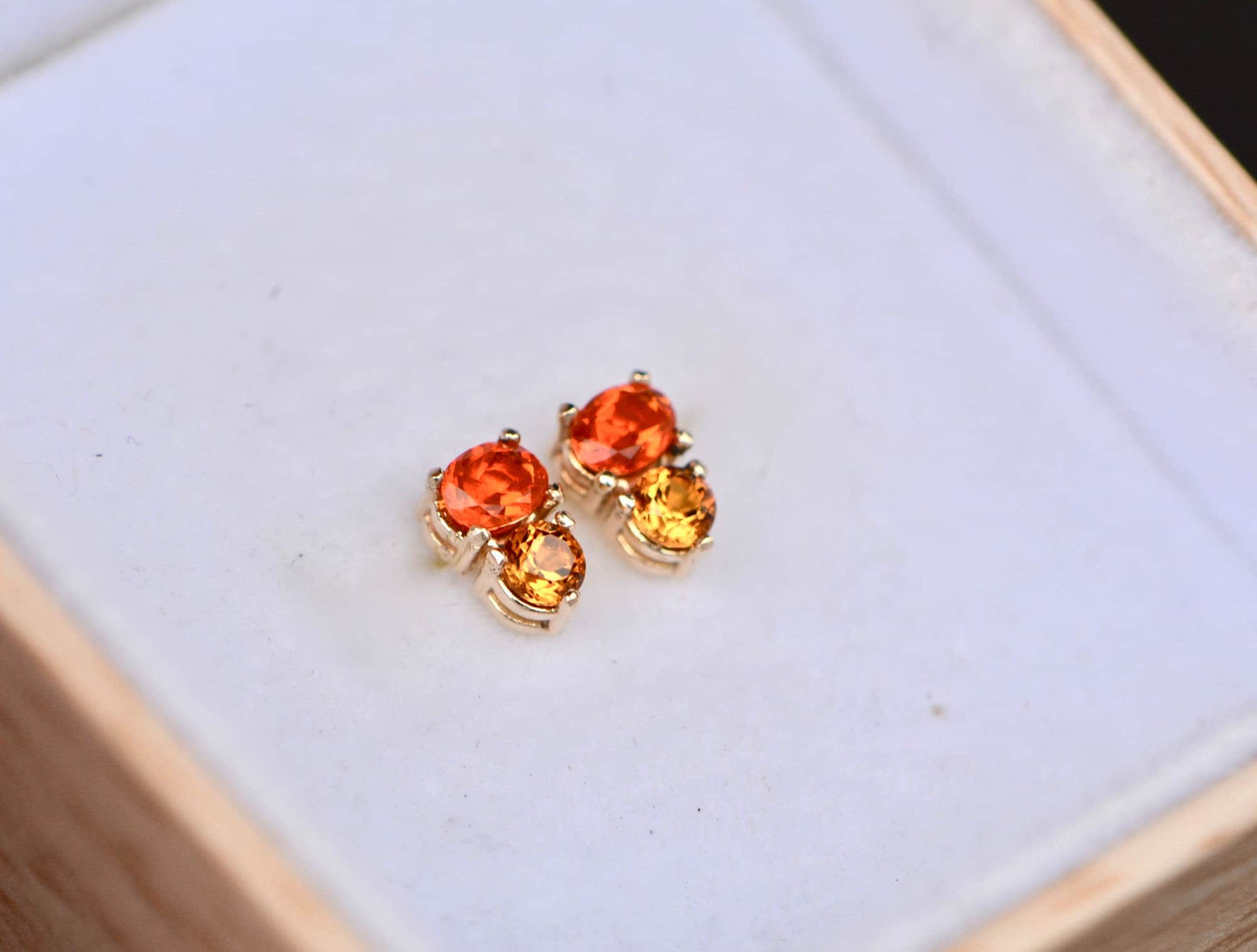 Citrine and Fire Opal Solid 14k Gold Stud Earrings : November October Birthstone Jewelry