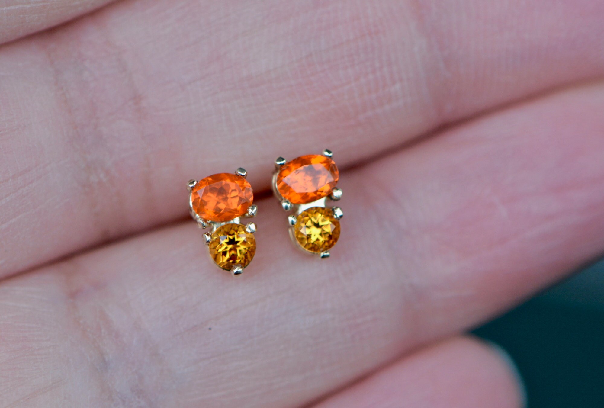 Citrine and Fire Opal Solid 14k Gold Stud Earrings : November October Birthstone Jewelry, detail view