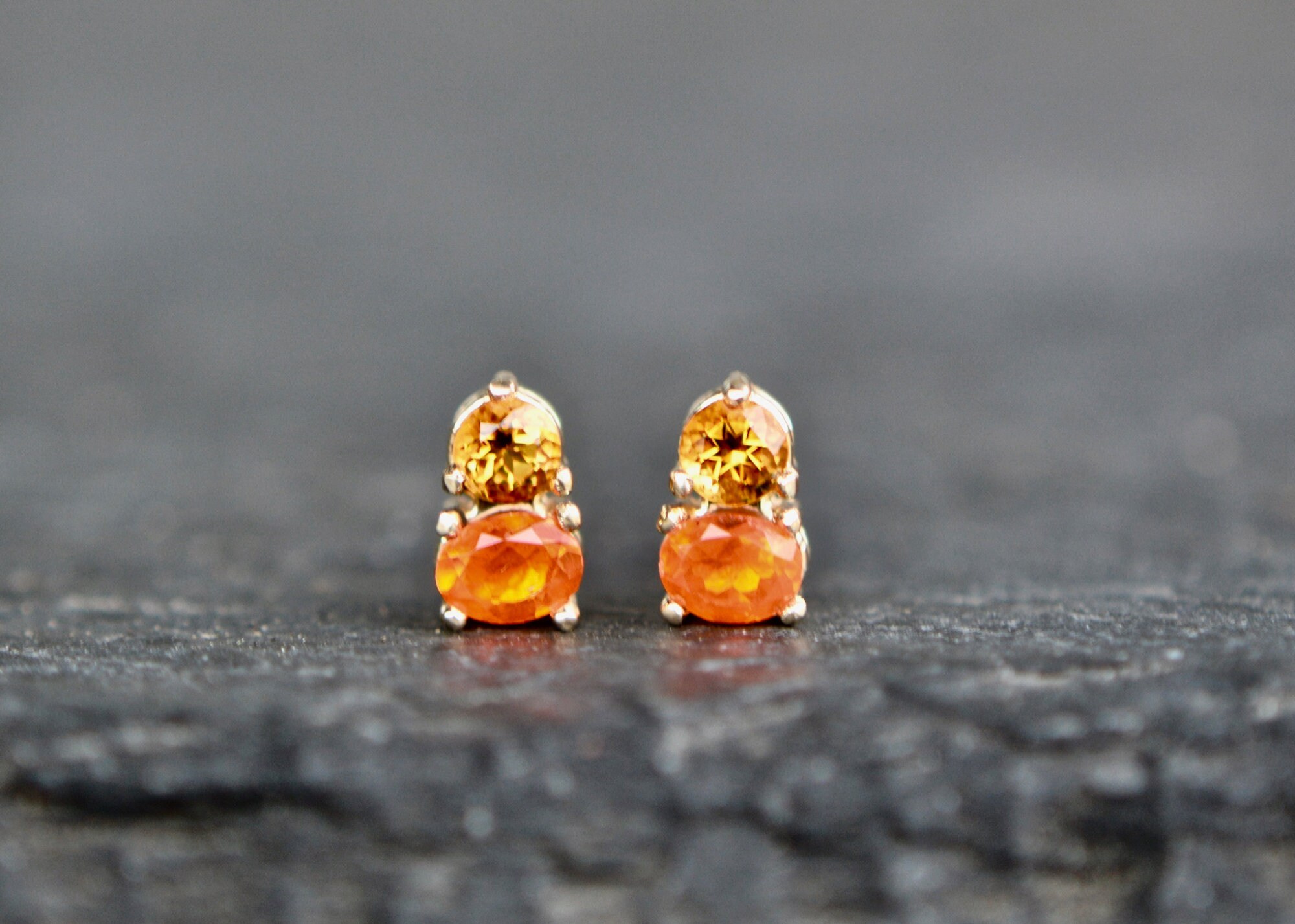 Citrine and Fire Opal Solid 14k Gold Stud Earrings : November October Birthstone Jewelry, detail view