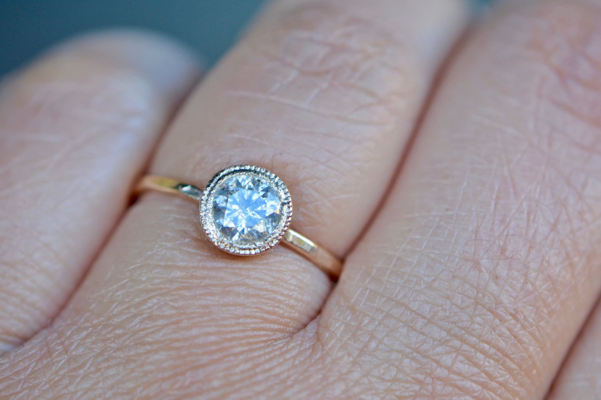 Salt Pepper Diamond Bezel Set Engagement Ring 14k Gold, worn view